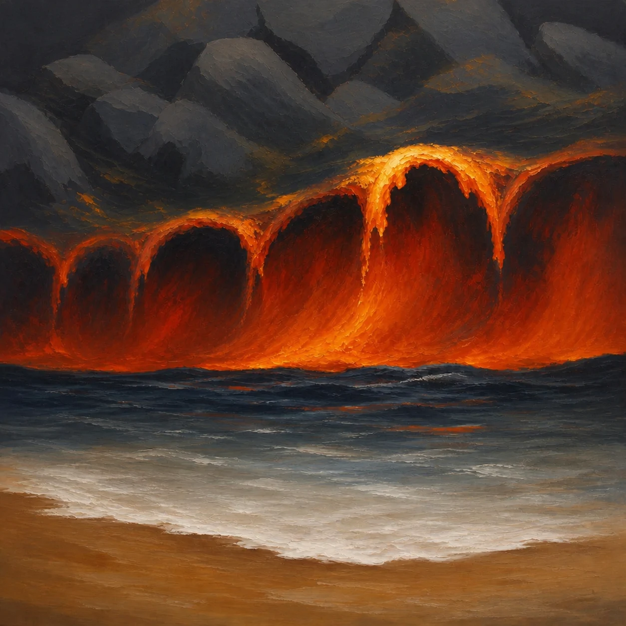 Orange lava curls into a breaking wave above a quiet shore.
