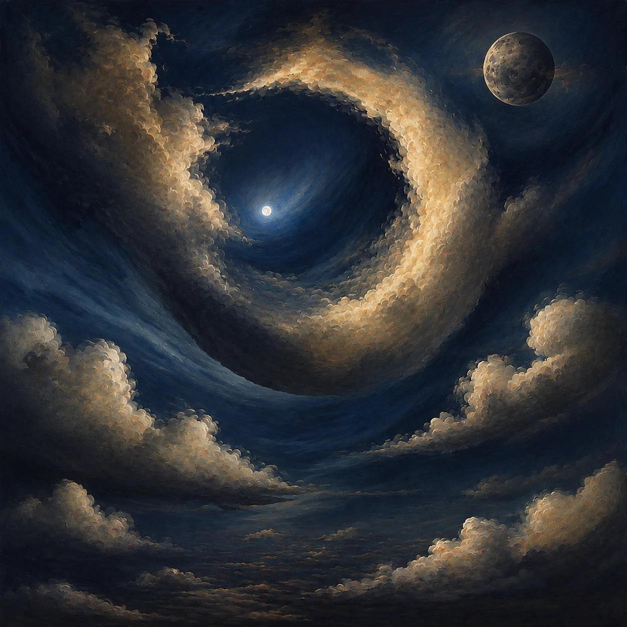 A crescent moon rests inside a whirlpool of dark clouds.