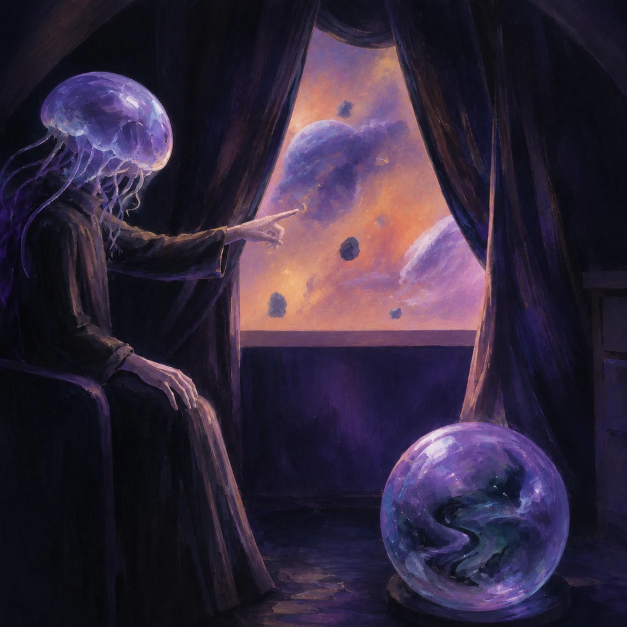 A violet crystal ball glows beside a spectral figure and an open curtain.