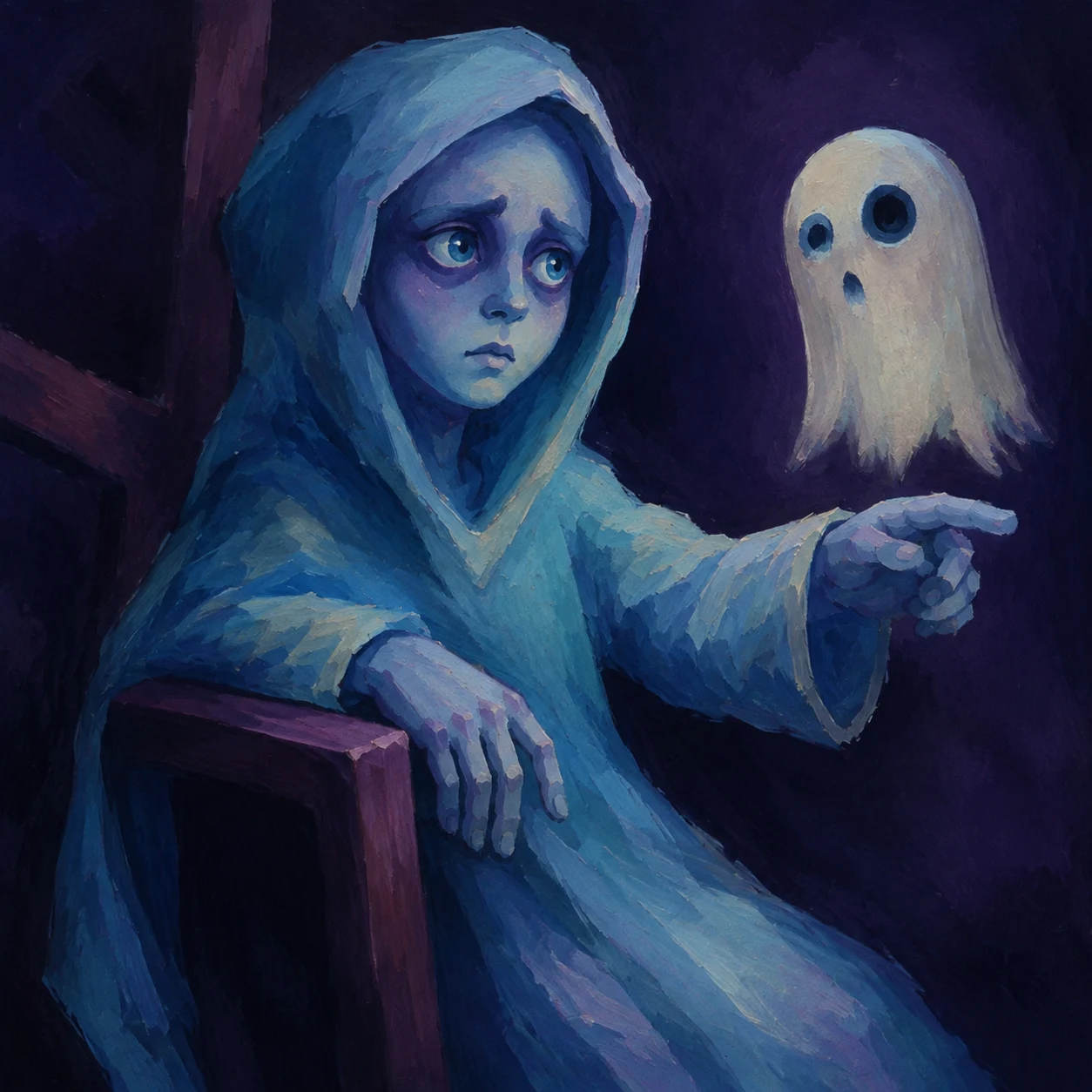 A blue-robed figure holds out a hand beneath a hovering ghost.