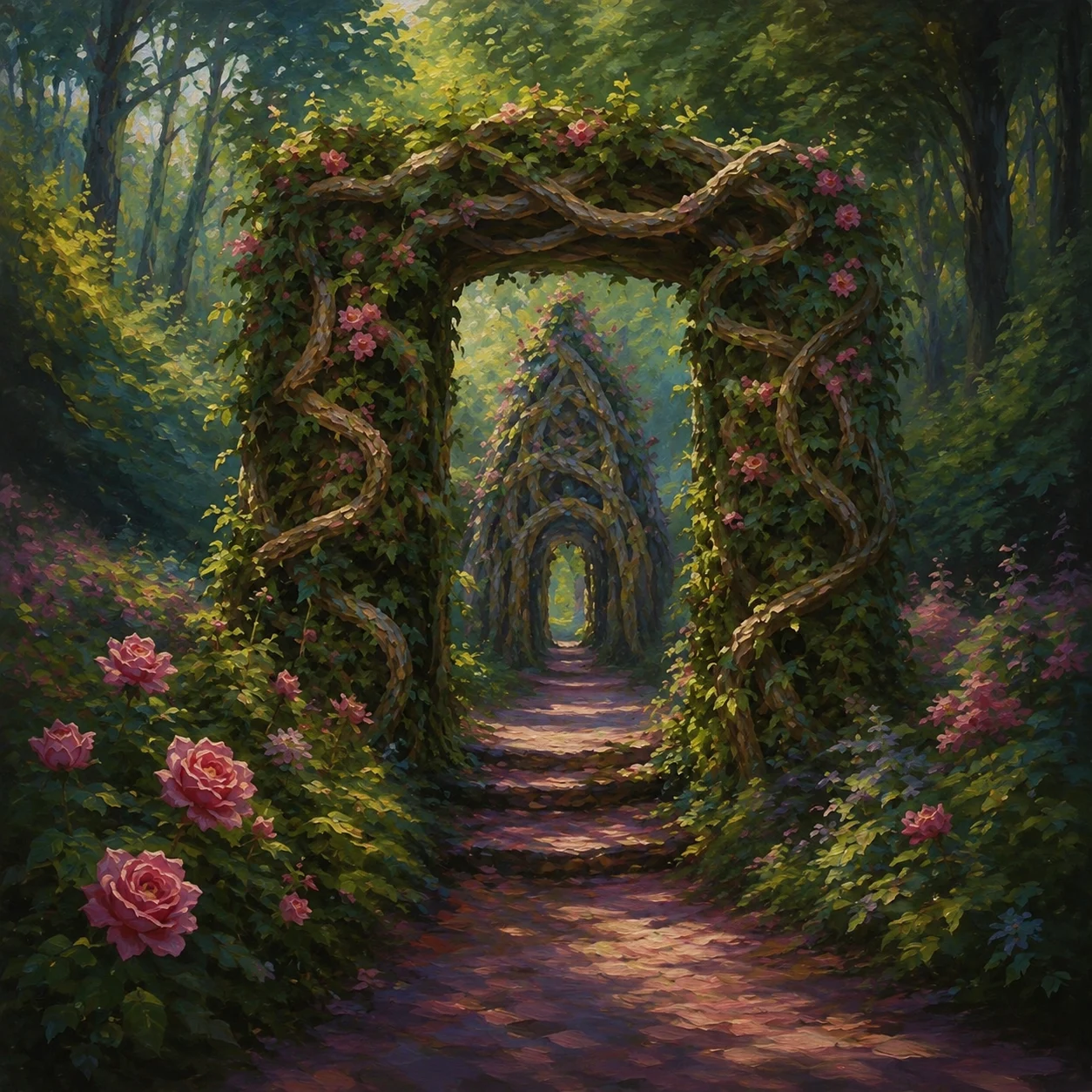 Flower-covered branches form a doorway into a winding woodland path.