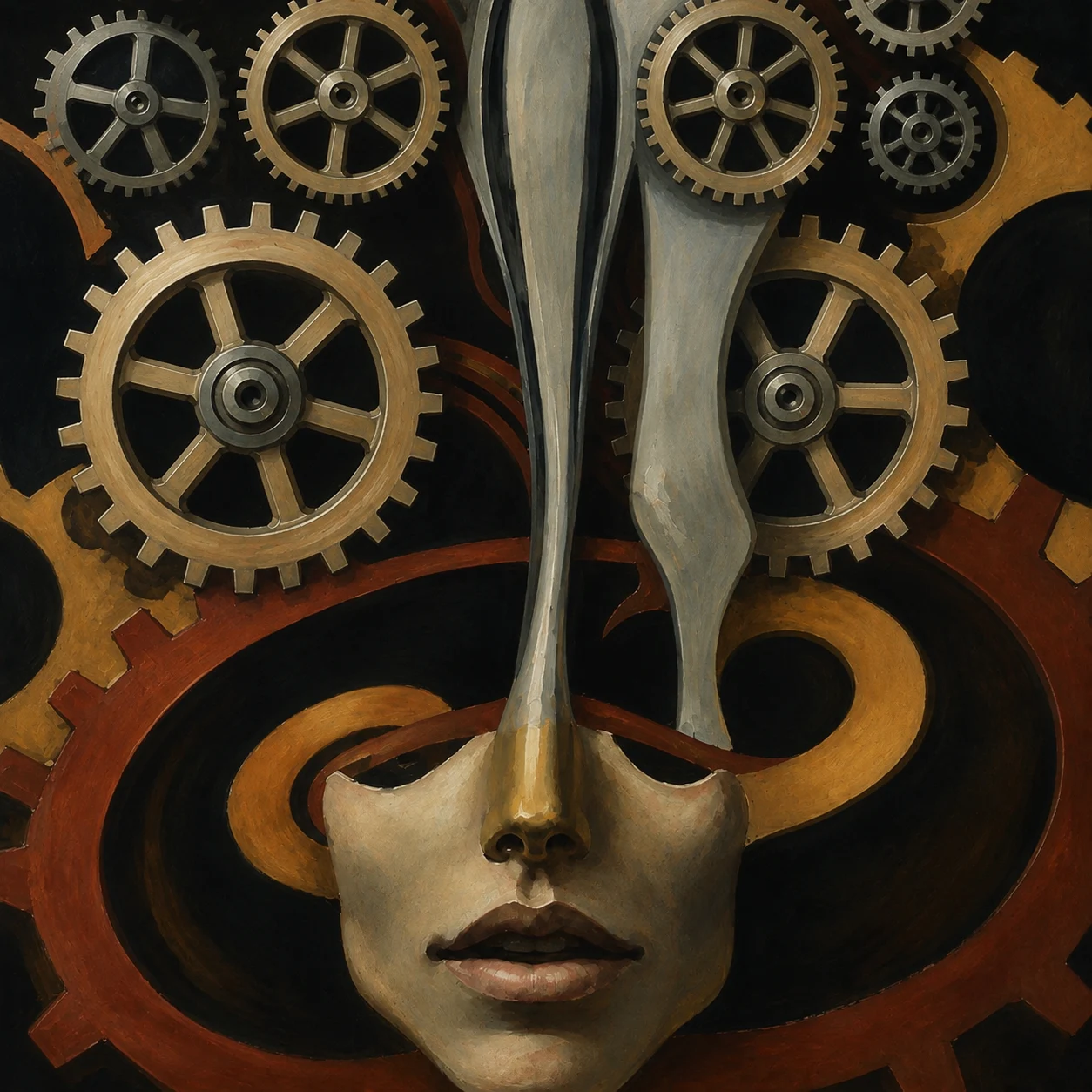 Gold gears frame a long, sculptural face against deep brown shadows.