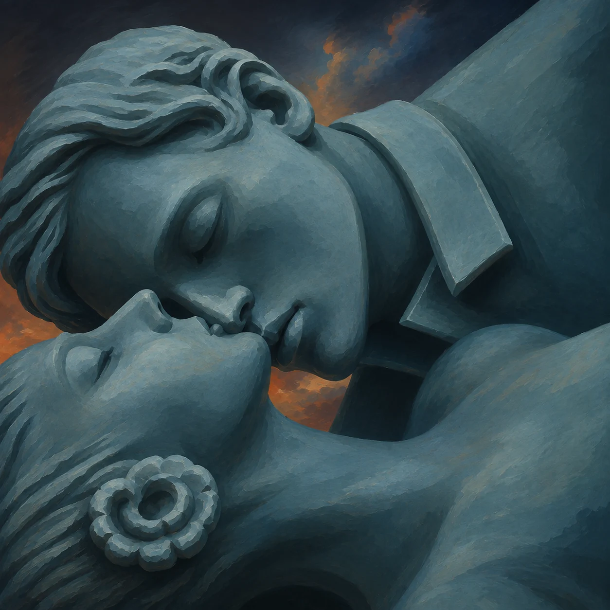 Two stone faces meet in a quiet embrace.