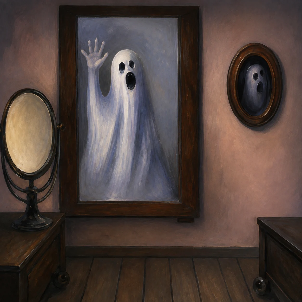A white ghost appears in a framed mirror in a dimly lit room.