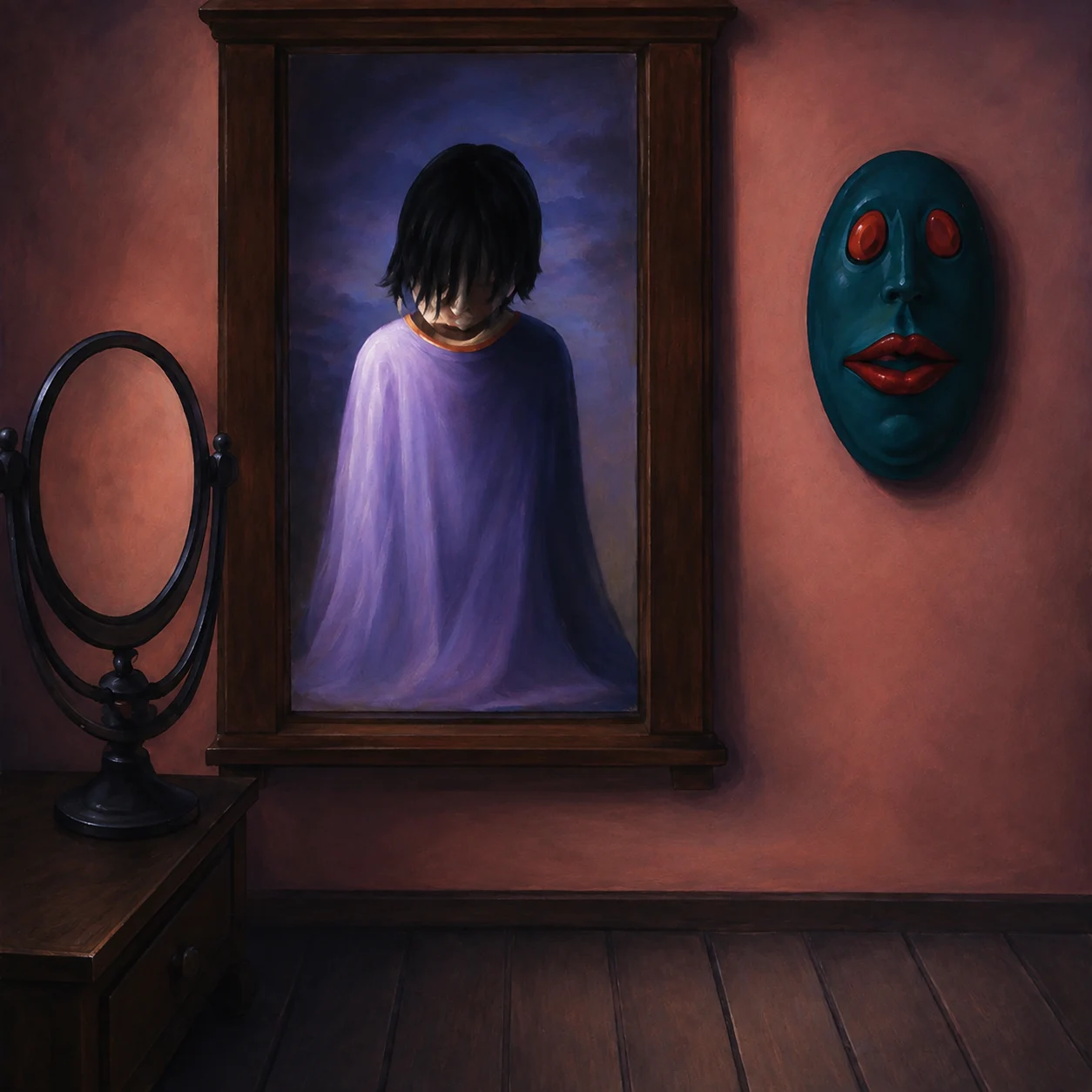A purple-clad figure faces a mirror beside a red mask.