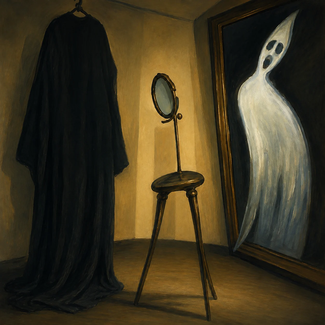 A dark silhouette stands beside a chair while a pale reflection rises in the mirror.