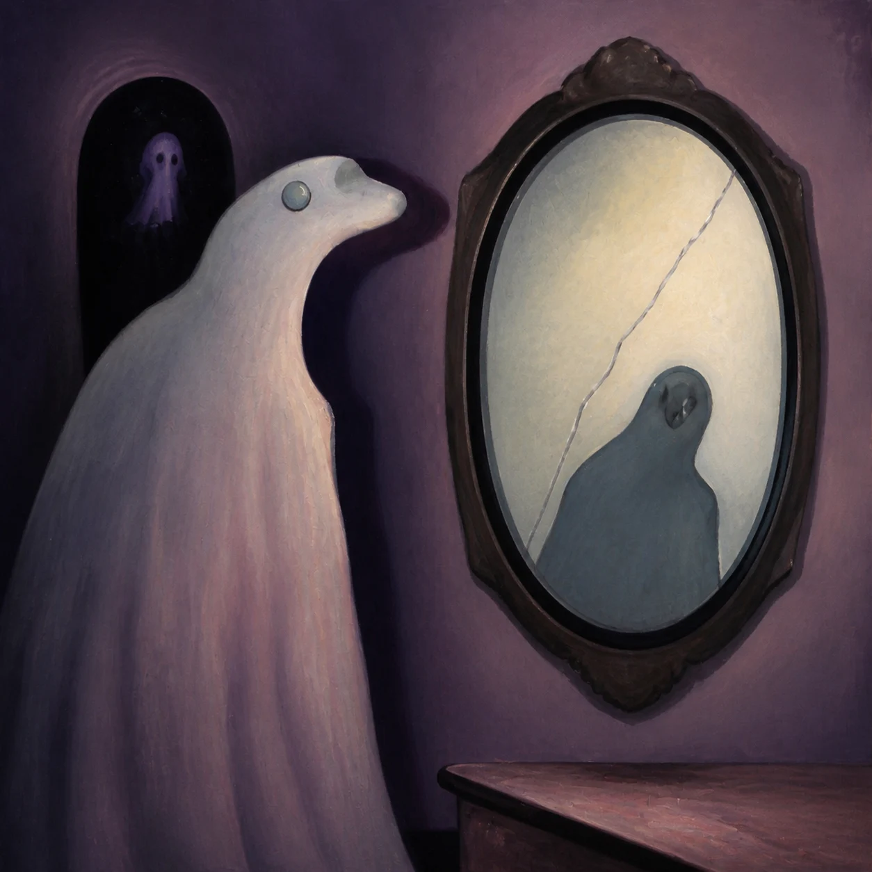 A pale ghost studies a smaller shadow in an oval mirror.