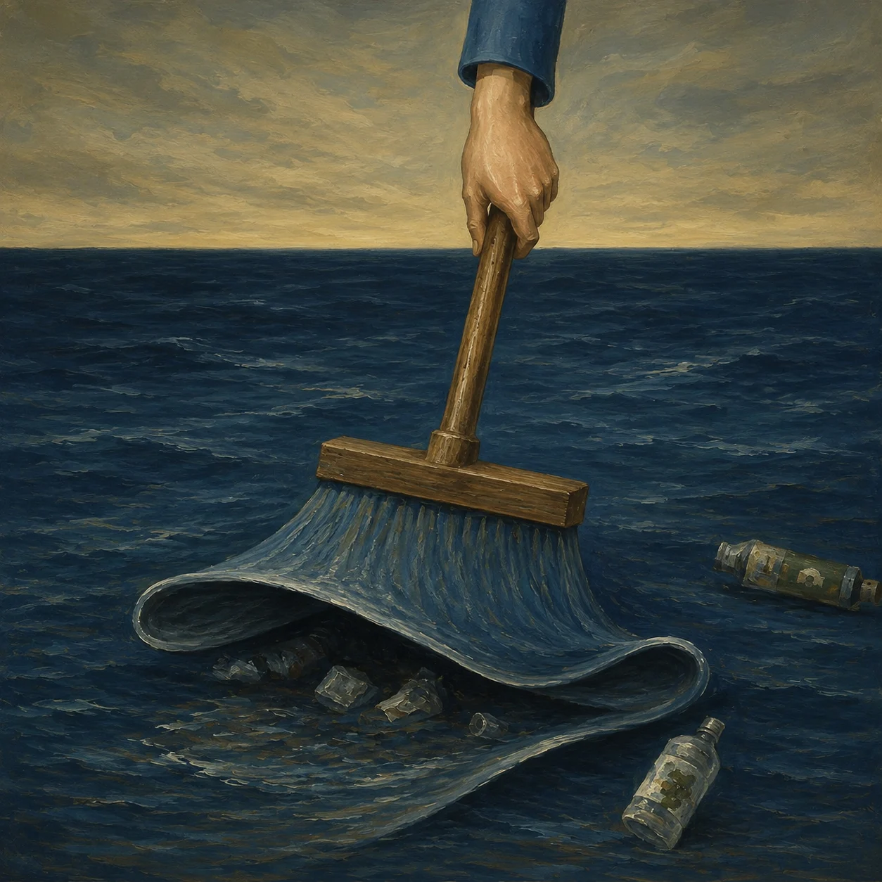 A hand lifts the sea like a rug while a brush sweeps across the water.