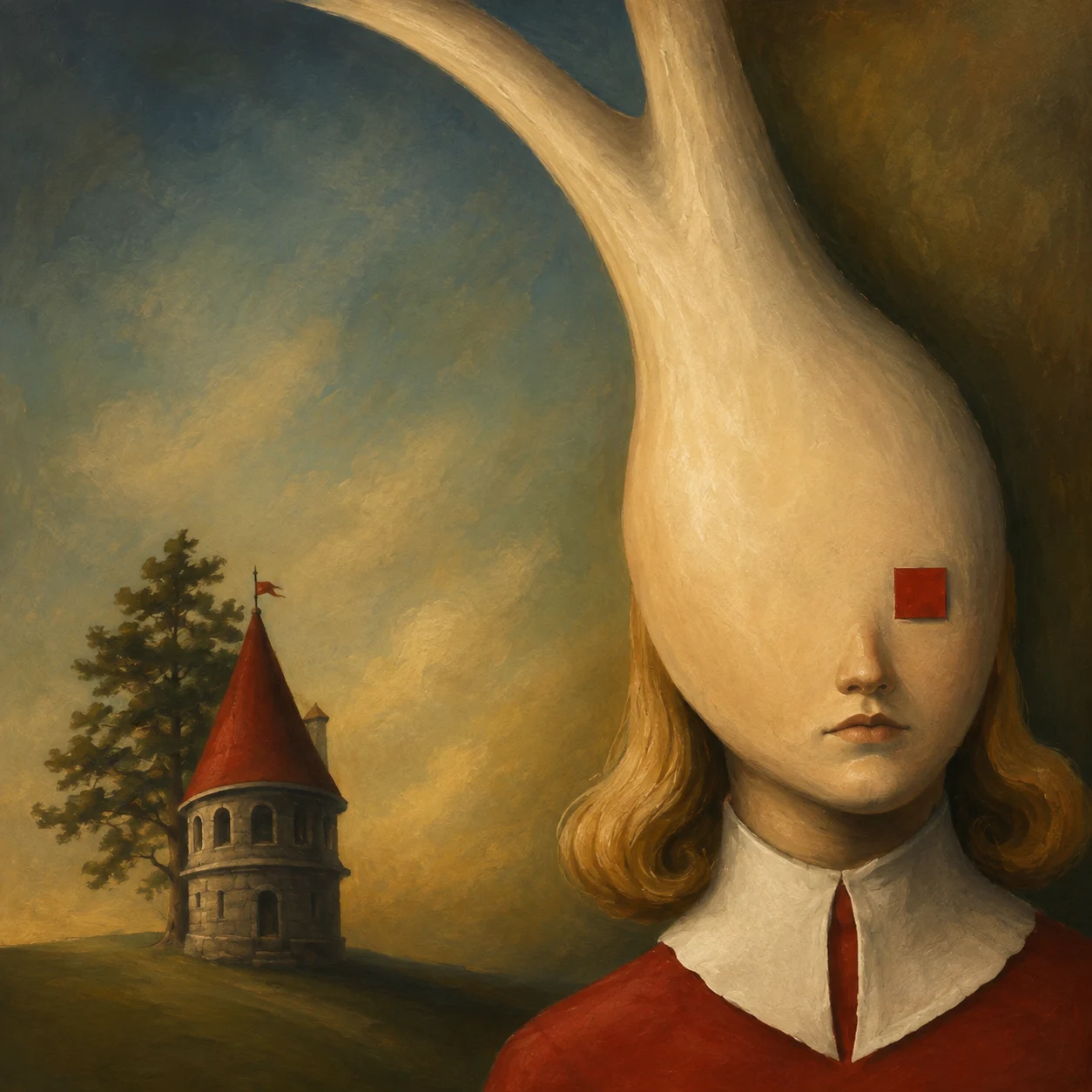 A pale head opens into a tall, curling shape beneath a muted sky.