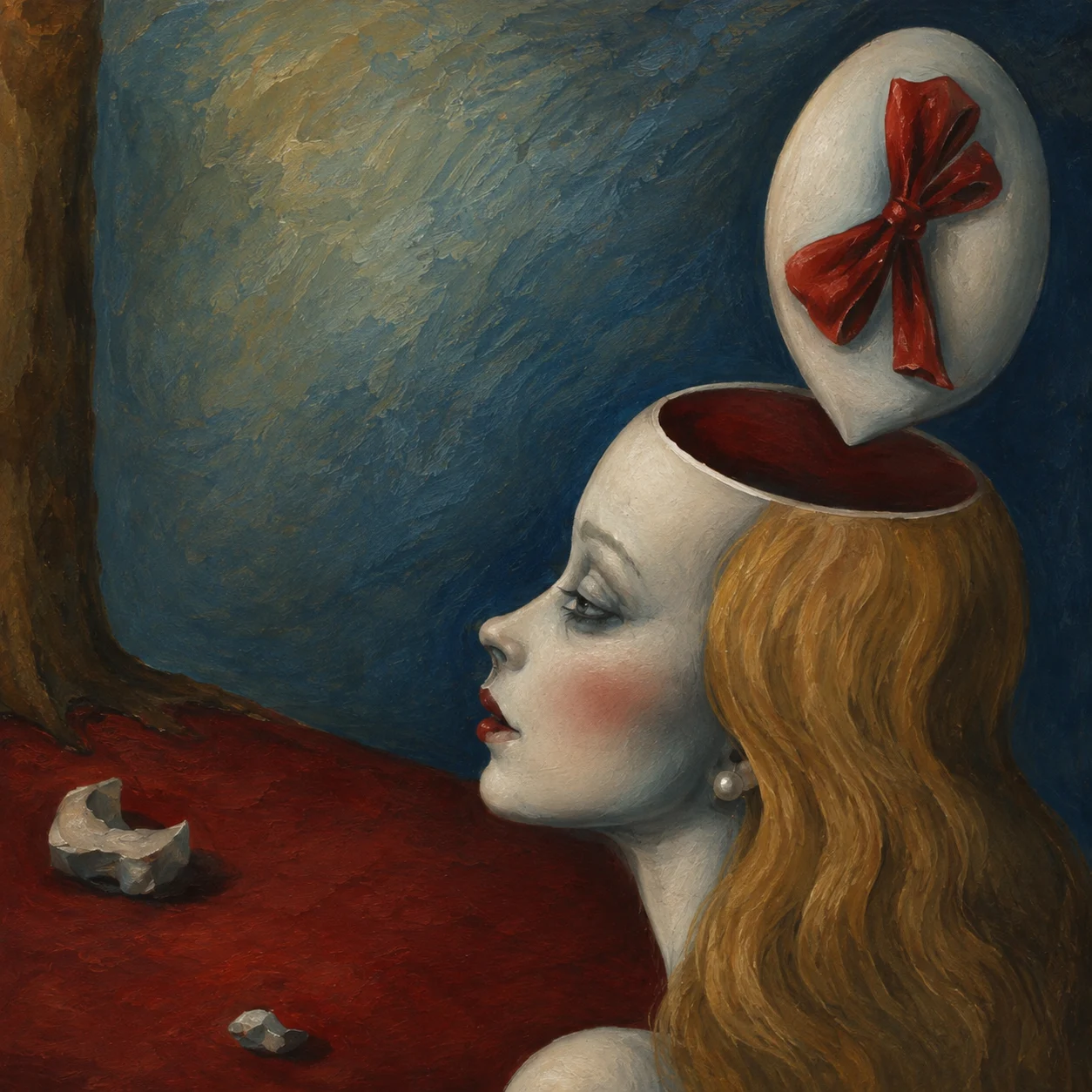 A red form floats above an open head in a dreamlike landscape.