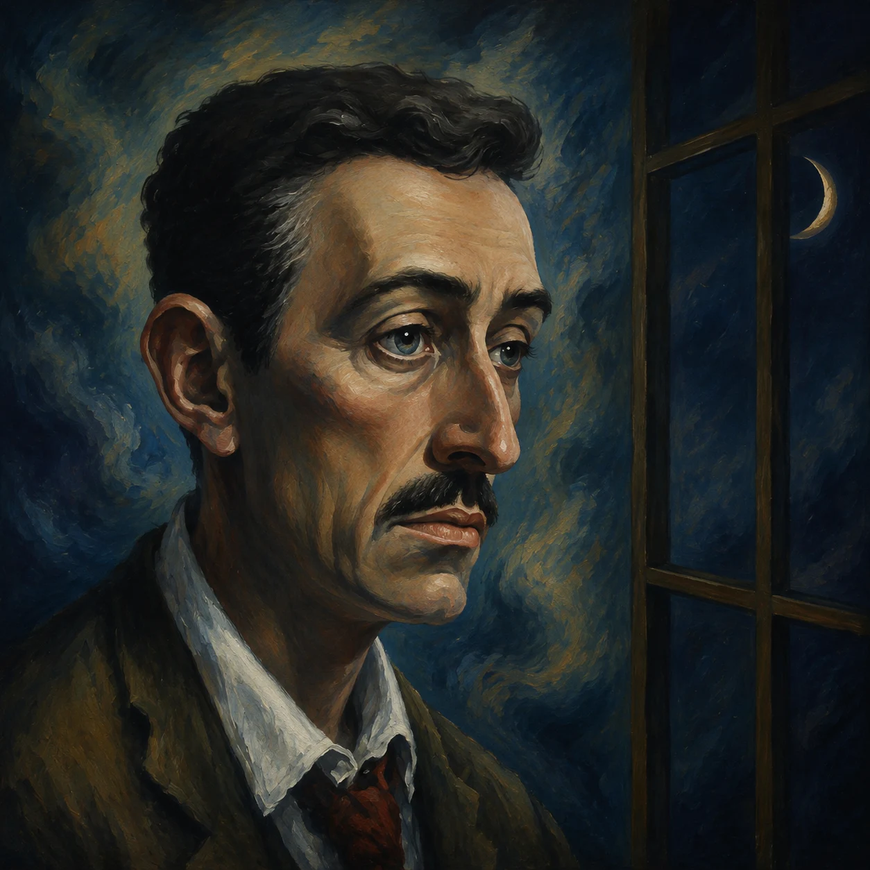 A dark-haired man looks sideways in a close, blue-shadowed portrait.