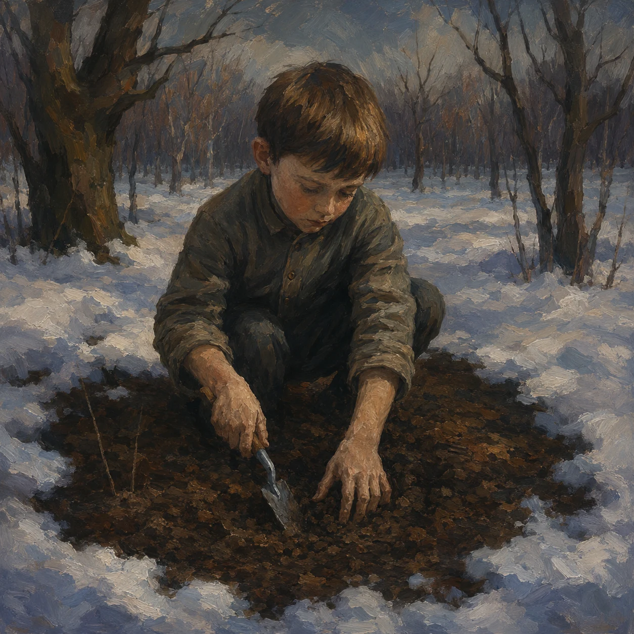 A child kneels in a patch of earth surrounded by snow and bare trees.
