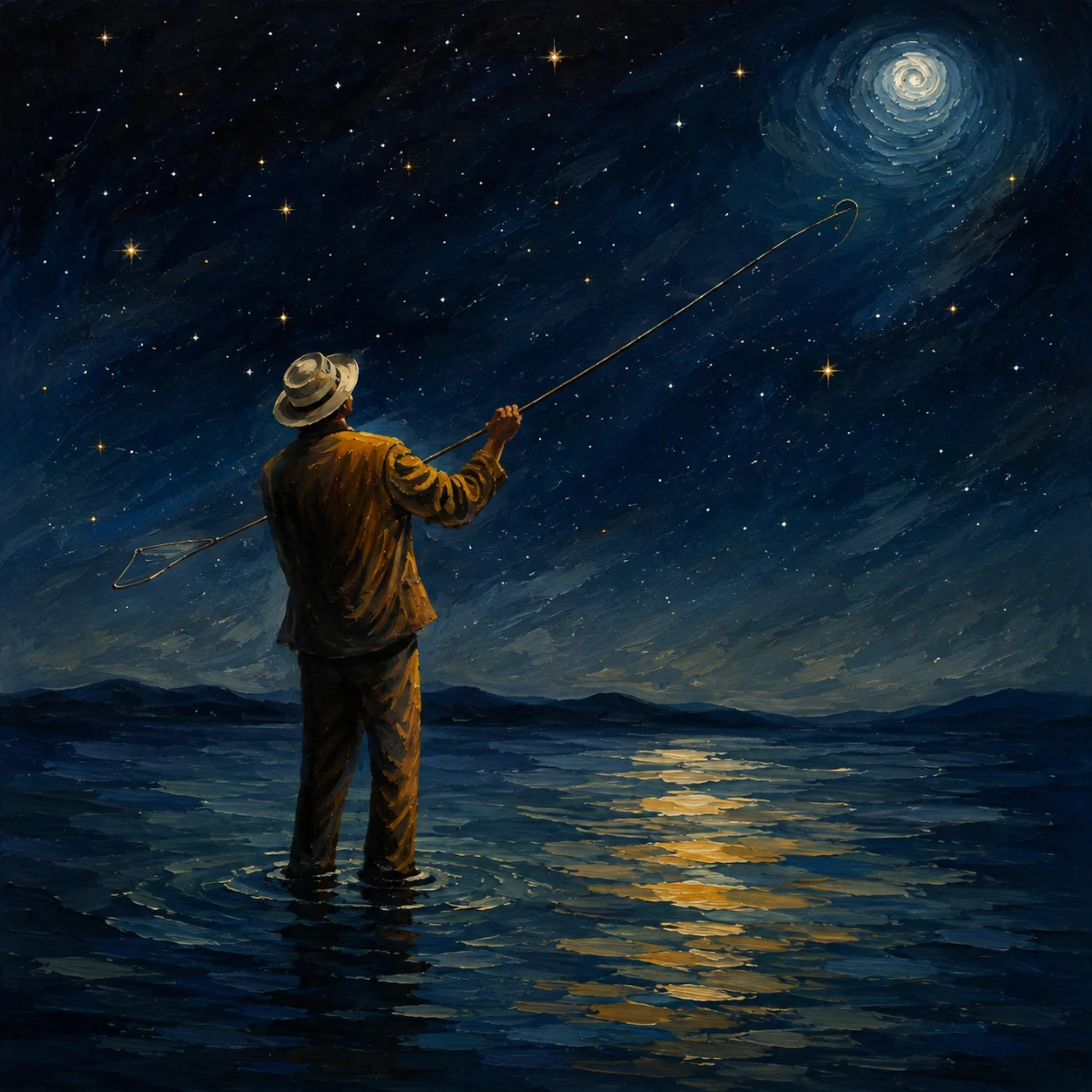A lone figure stands in the sea and casts a line toward a starry sky.