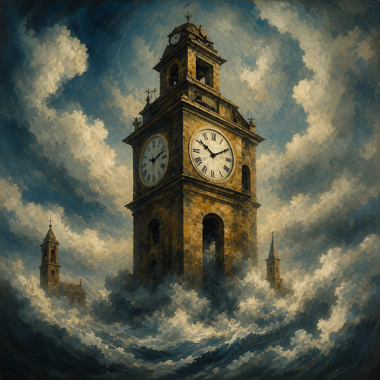 A weathered clocktower rises from rolling waves beneath a bright clouded sky.