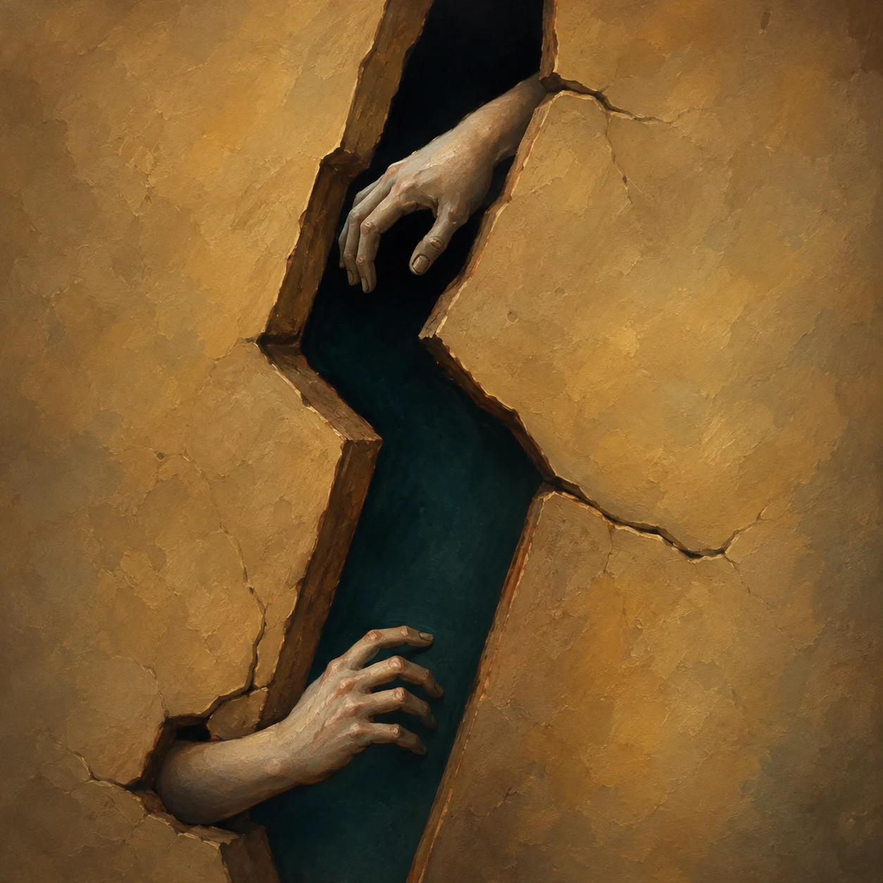 Hands reach through a jagged opening in an ochre wall.