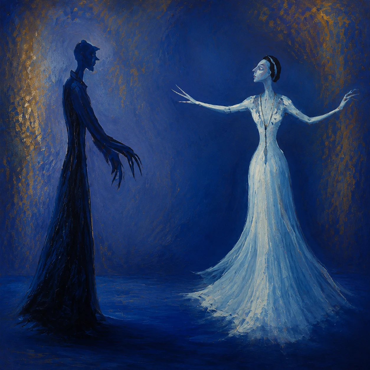 A pale dancer and a tall shadow reach toward each other in blue light.