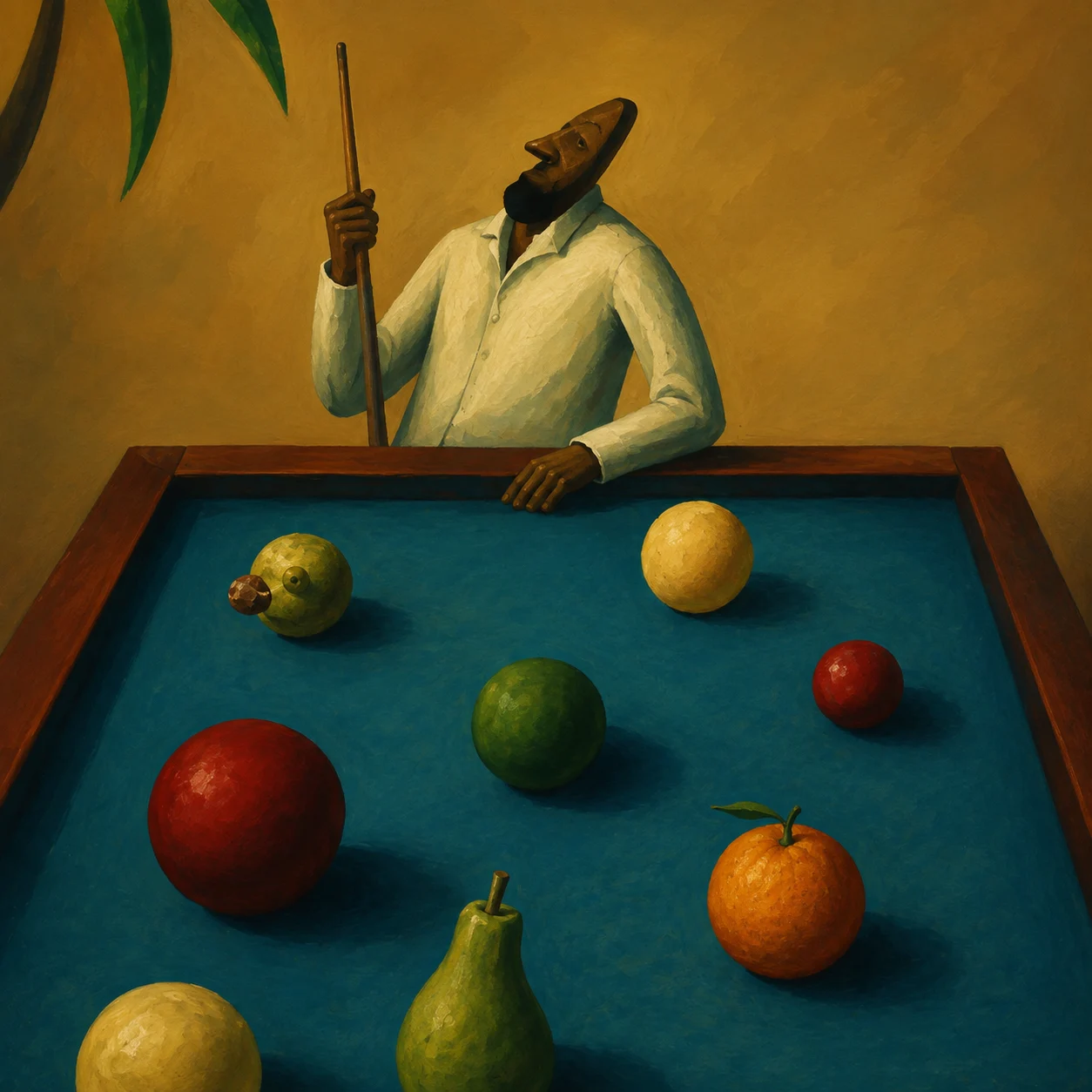 A suited figure waits beside a pool table scattered with fruit.
