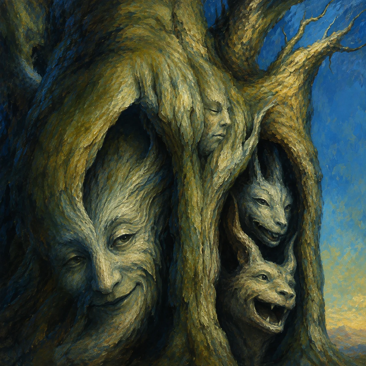 Weathered faces emerge from the twisting bark of an old tree.