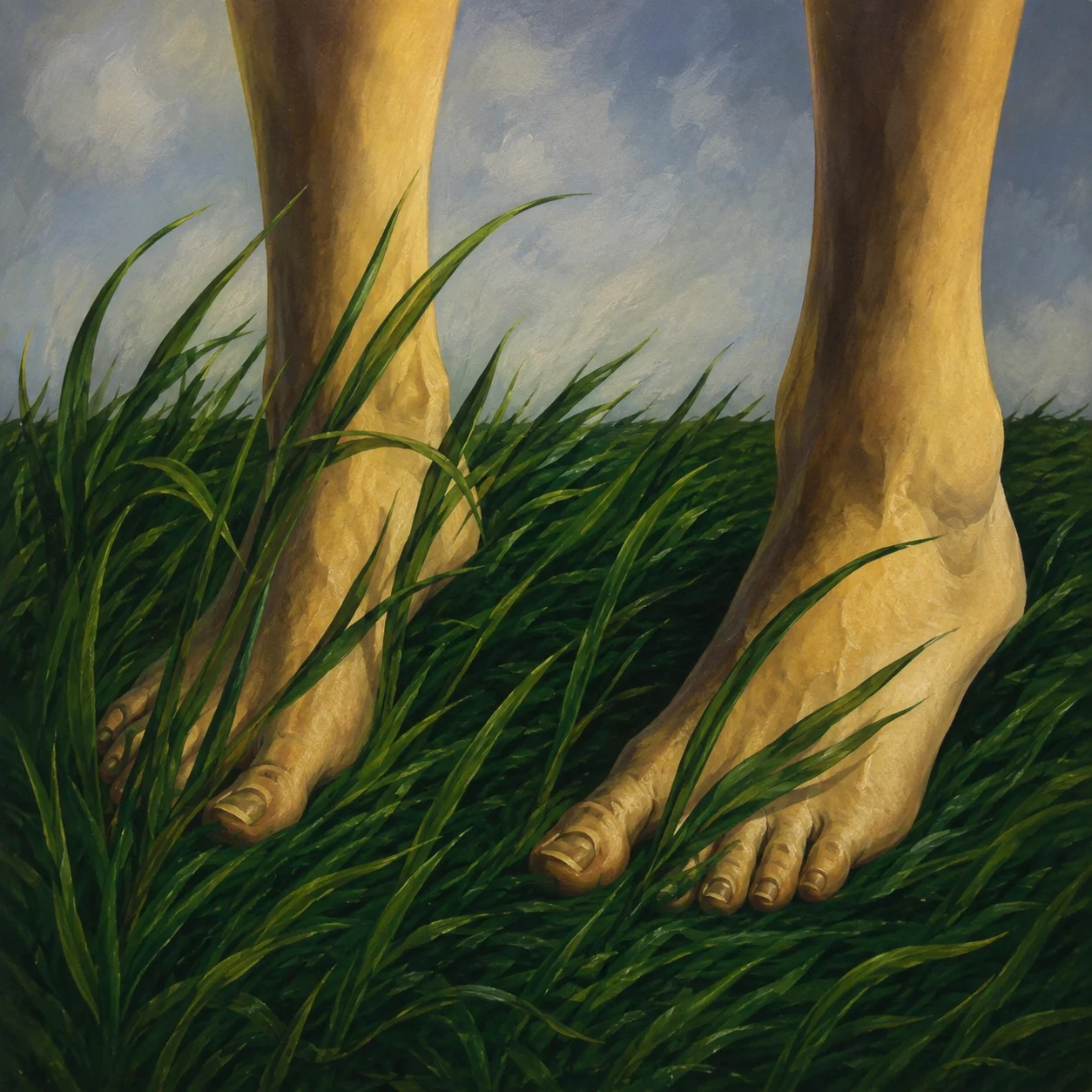 Bare feet grow into long green blades of grass.