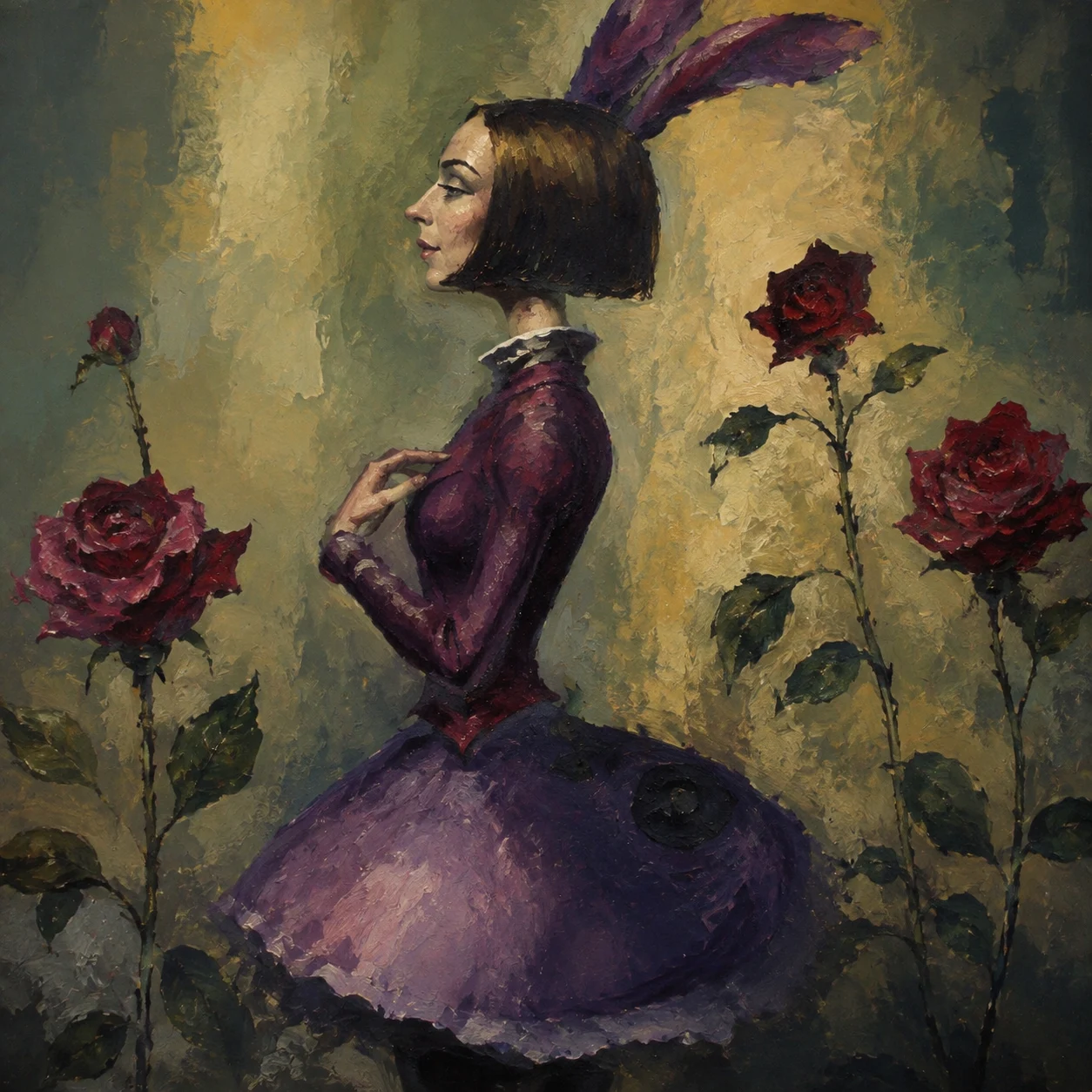 A woman in a purple dress sits among red roses beneath a muted sky.