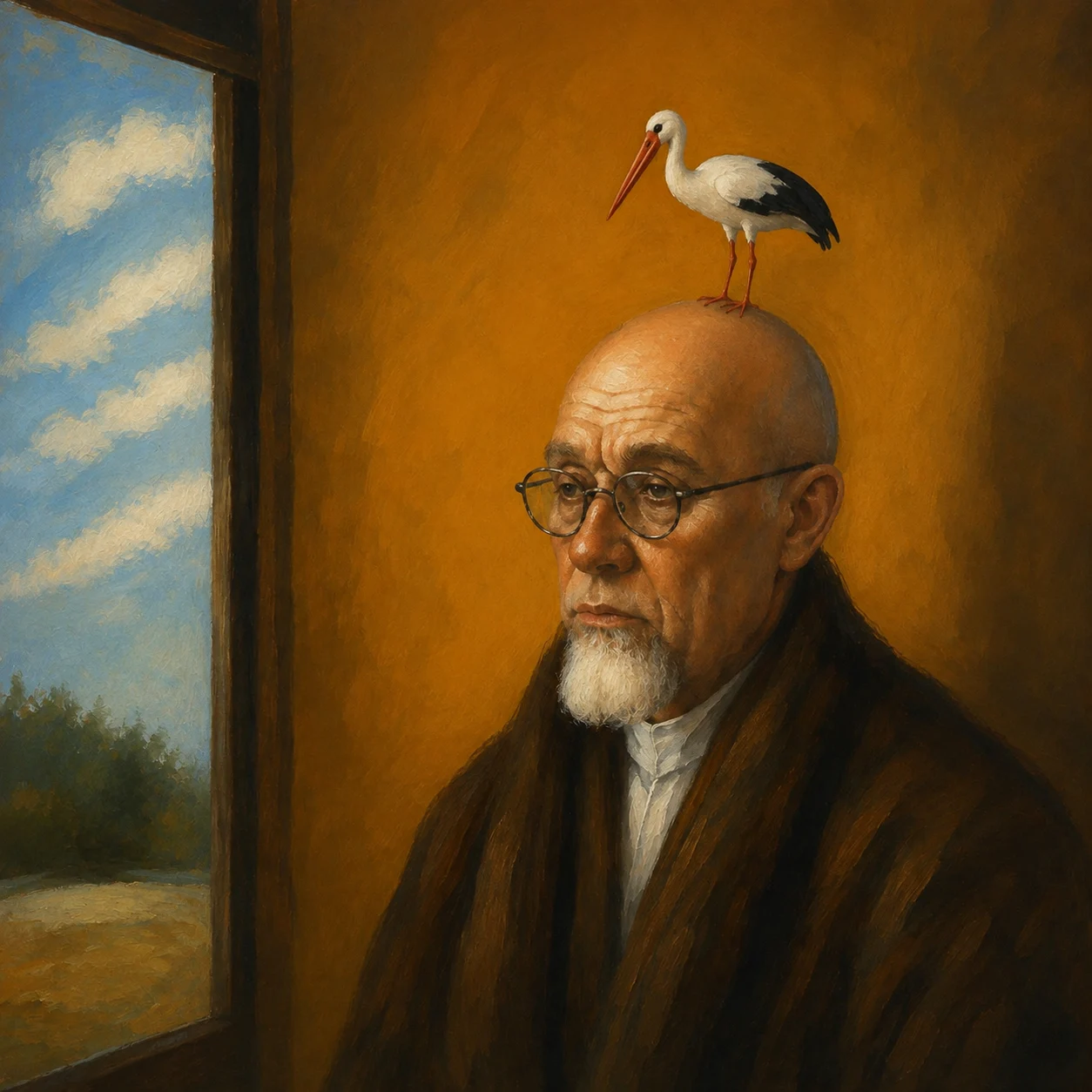 A small white bird balances above an elderly scholar's head.
