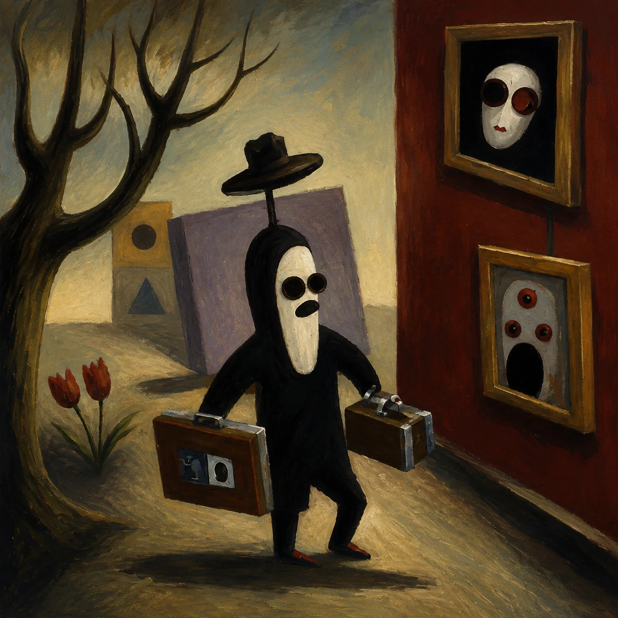 A masked figure carries framed pictures through a room of watchful faces.