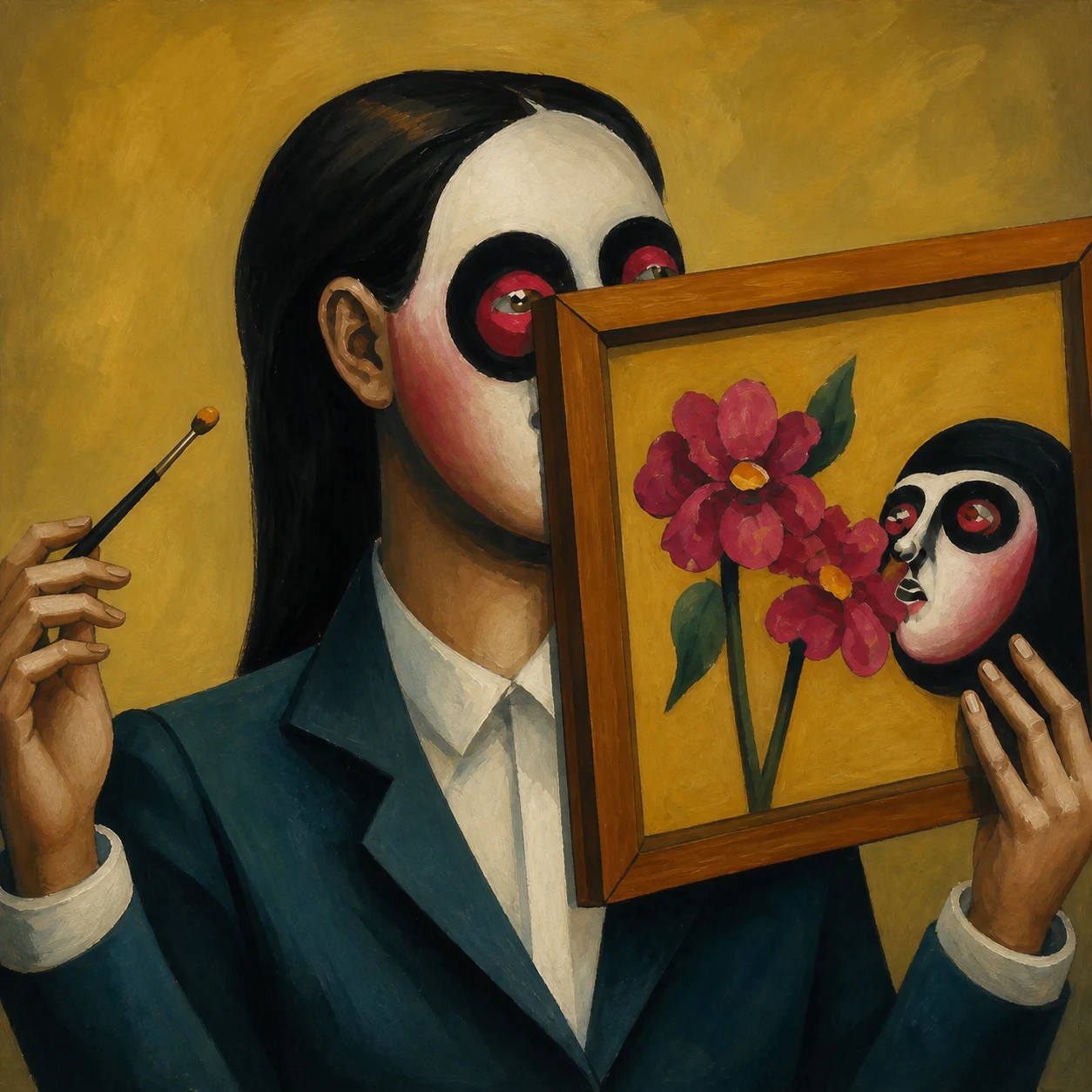 A suited figure holds a flower painting beside an uncanny face.