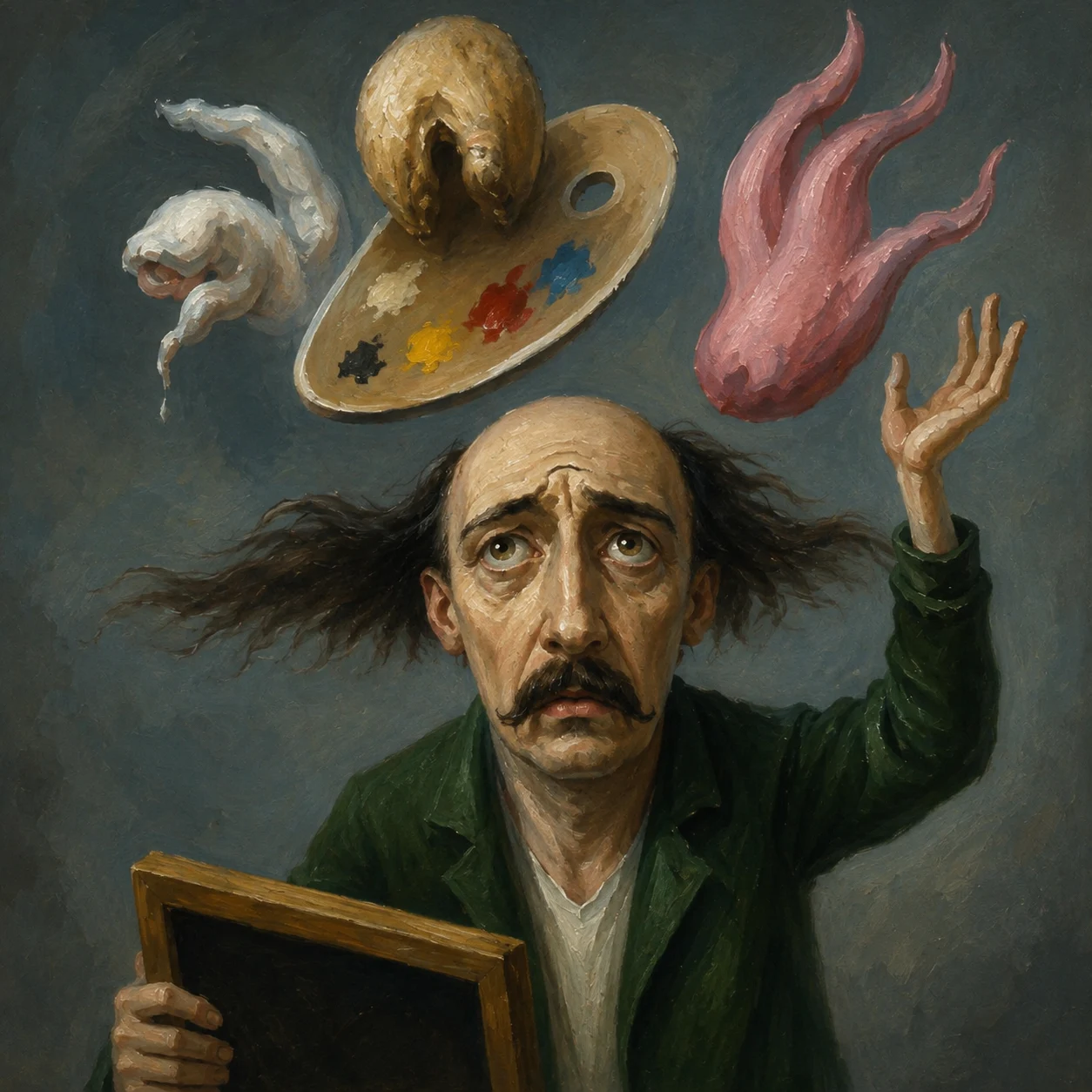 A painter looks up at a hovering palette and twisting forms.