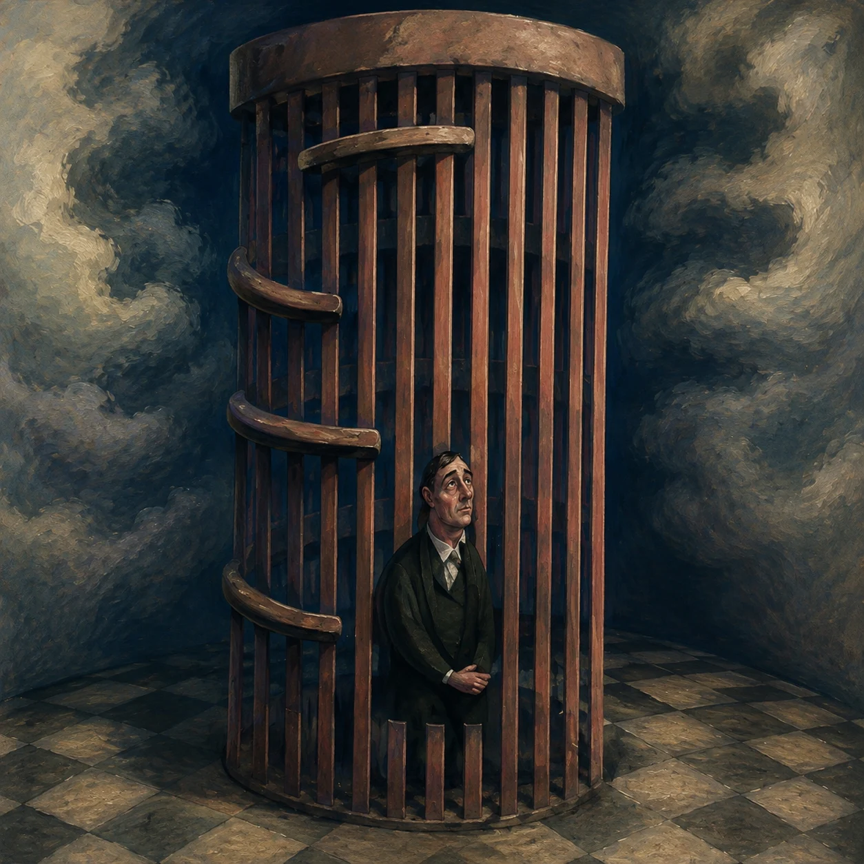 A solitary figure stands inside a tall cylindrical cage above a tiled floor.