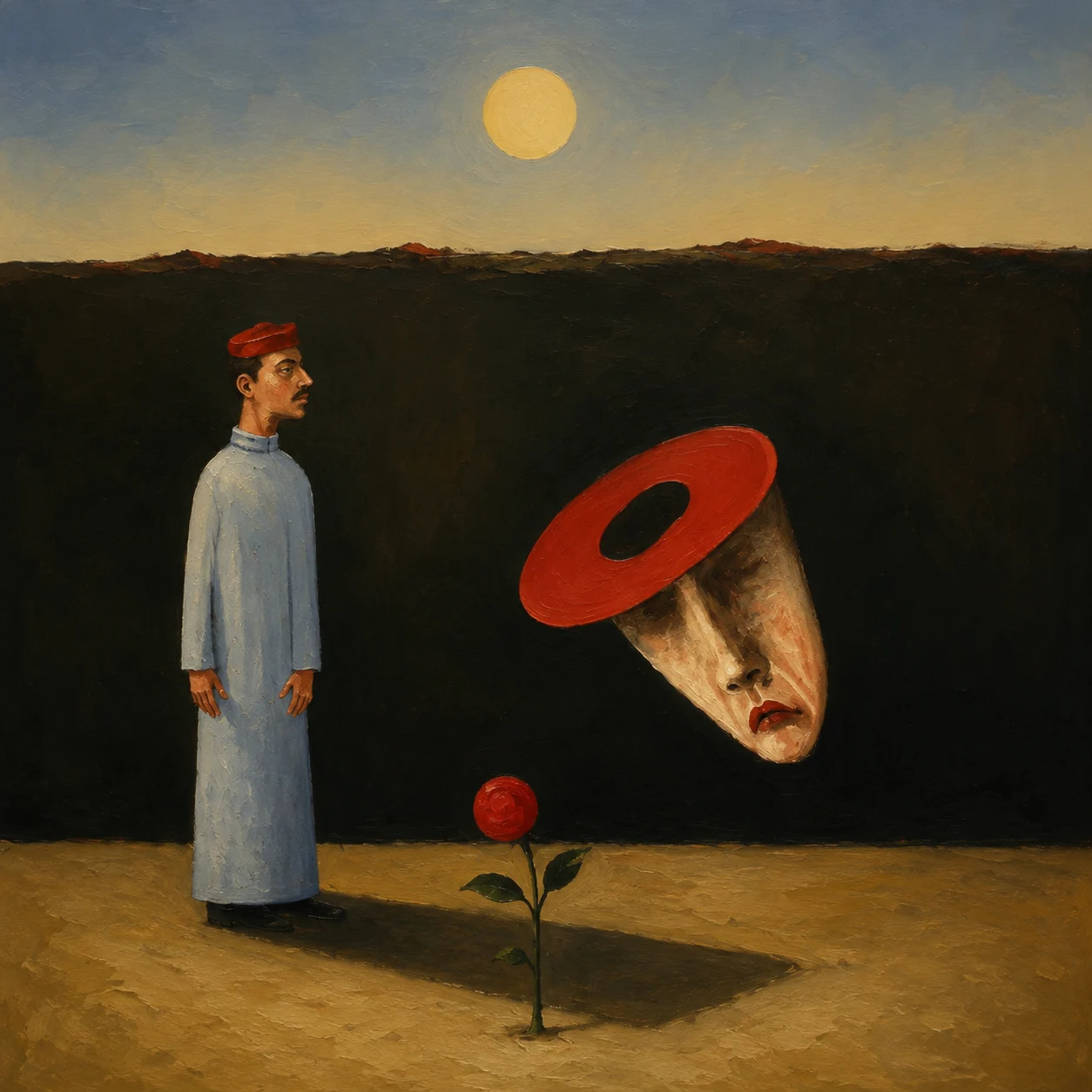 A quiet figure watches a floating red hat above a single flower.