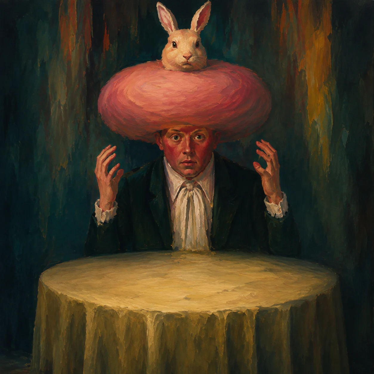 A rabbit sits atop an enormous red hat while its wearer raises both hands.
