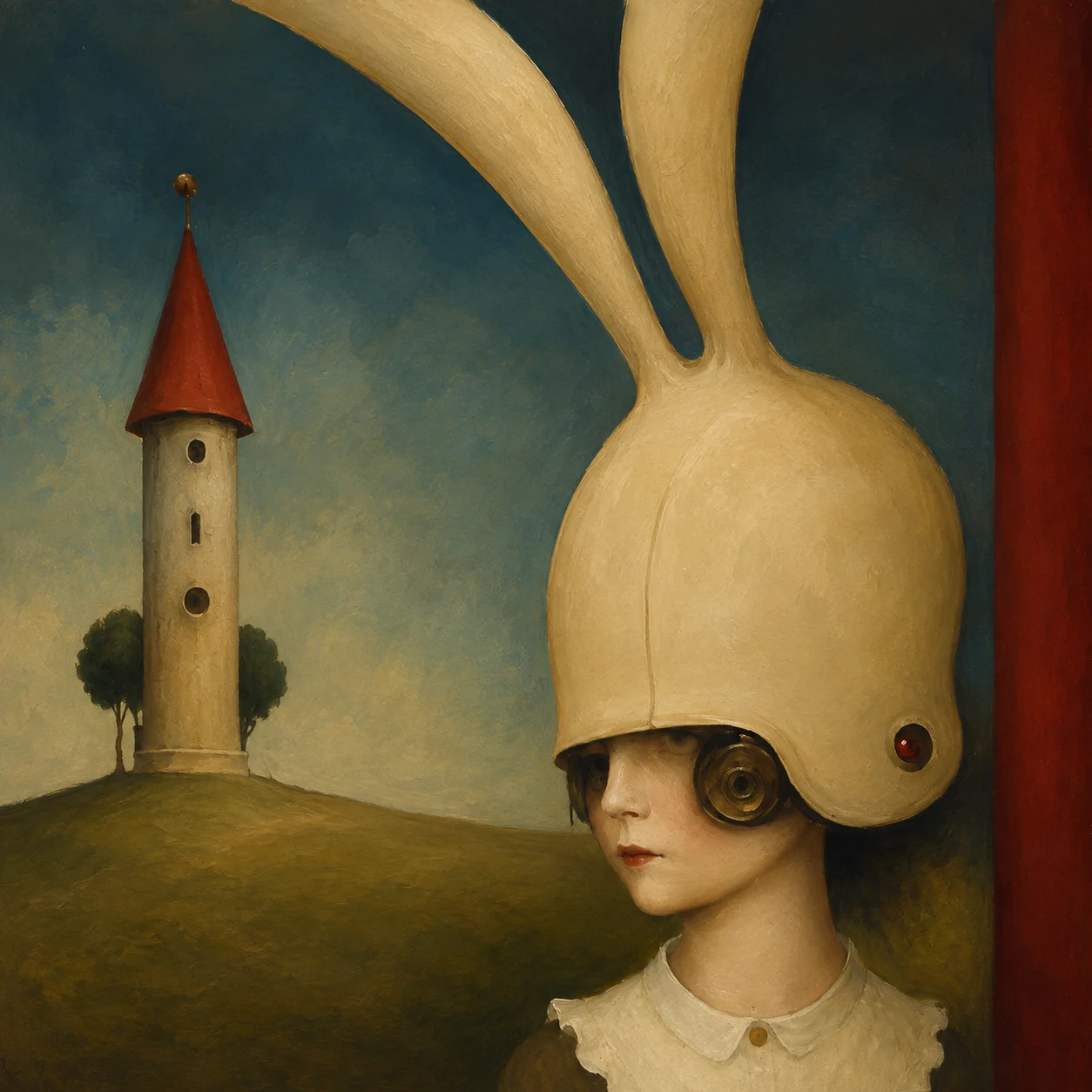 An oversized pale rabbit-shaped helmet covers a child's head beside a distant tower.