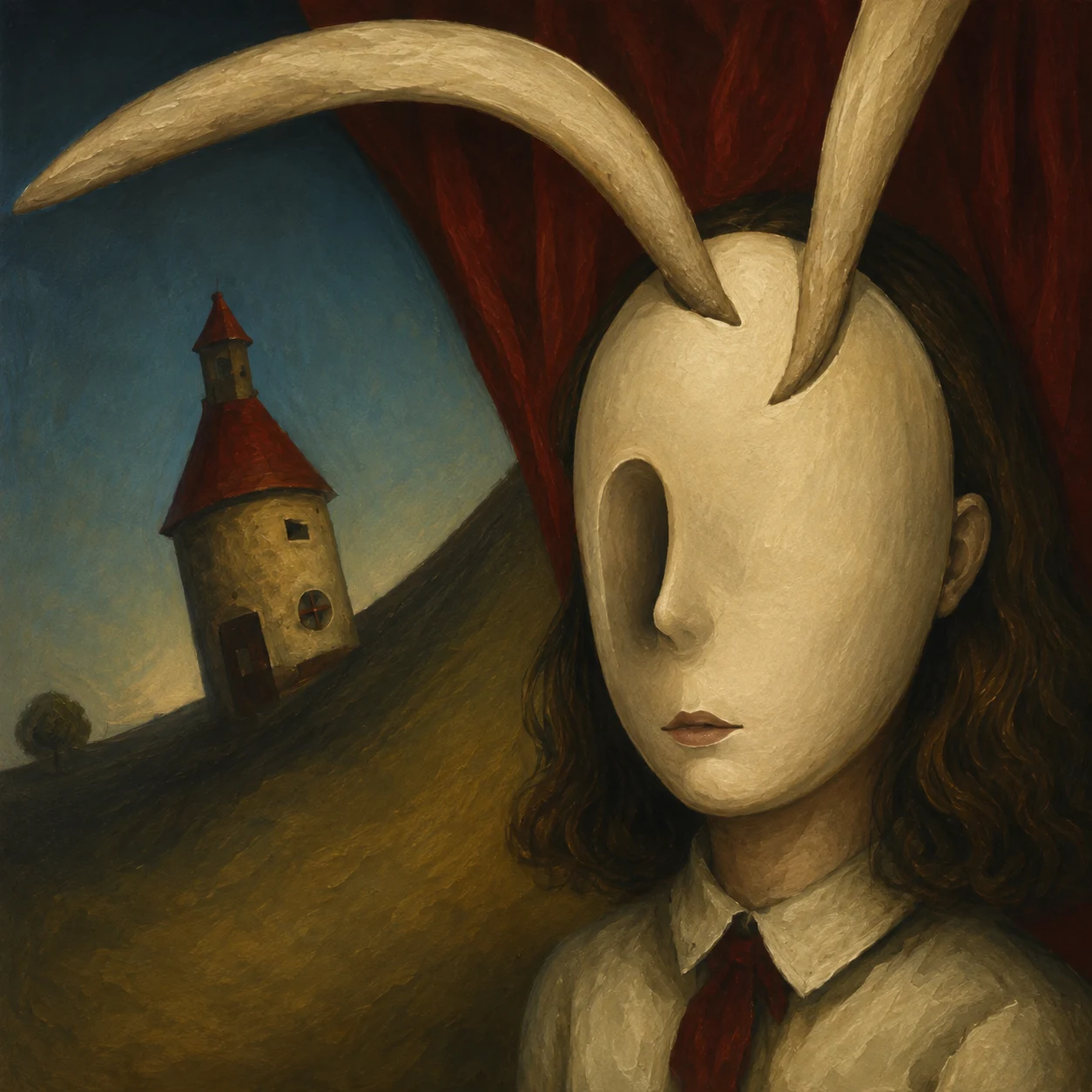 A smooth rabbit mask fills the foreground of a dark, dreamlike landscape.