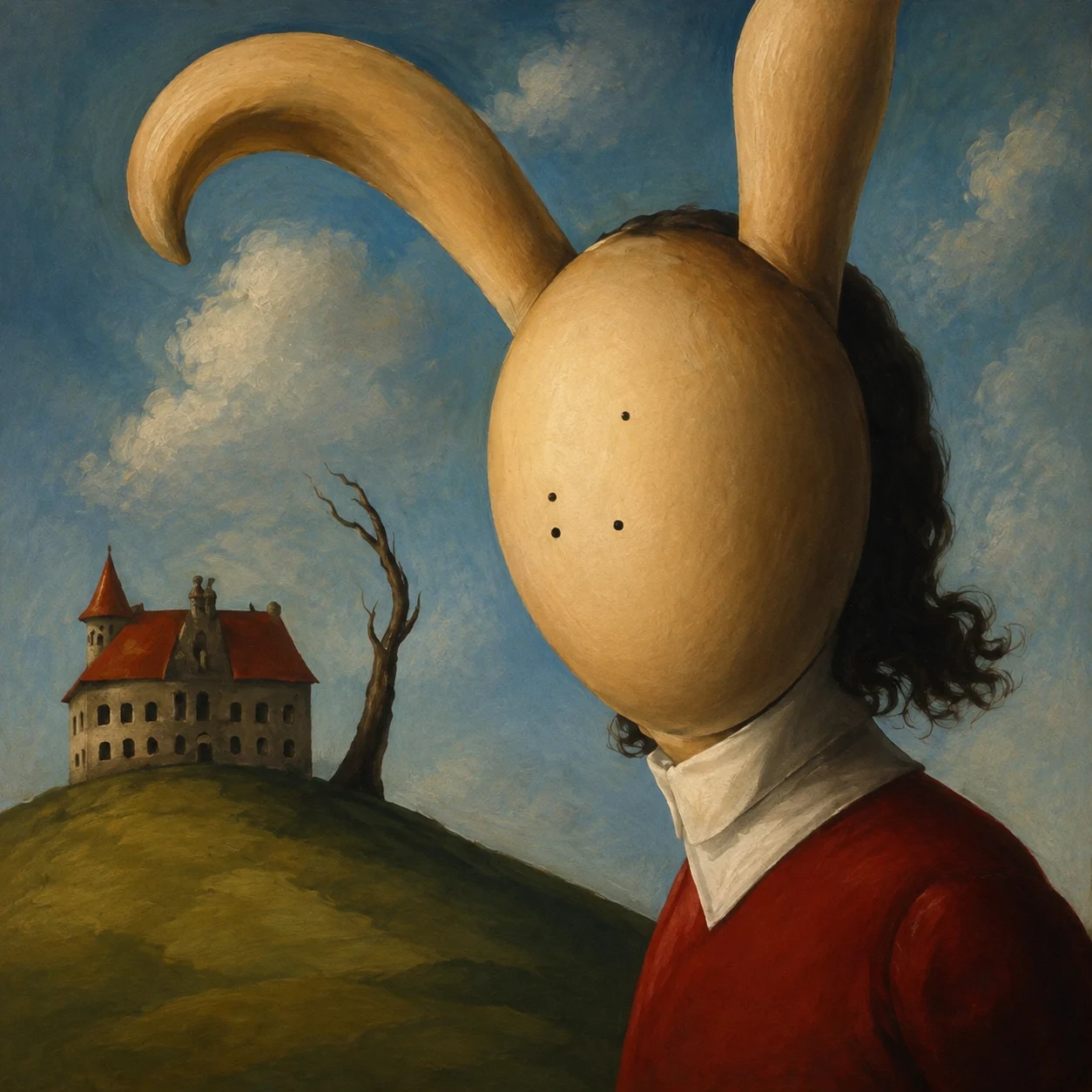 A long-eared oval mask sits above a red coat and a distant house.
