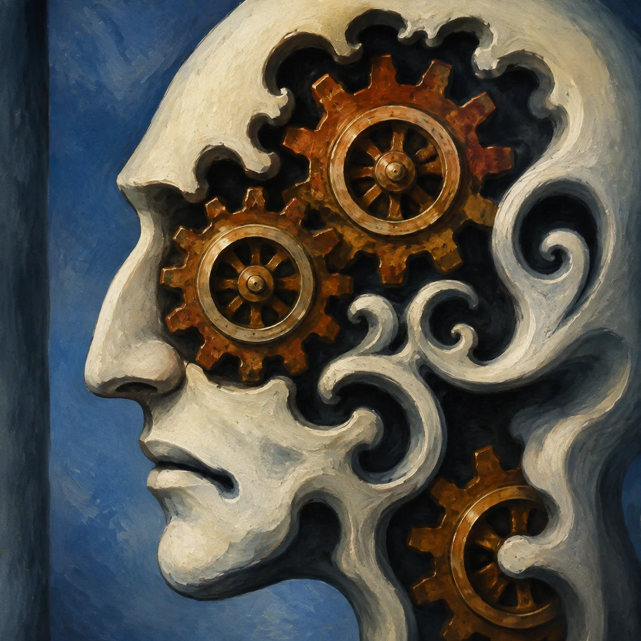 A white profile opens to reveal a tangle of golden gears.