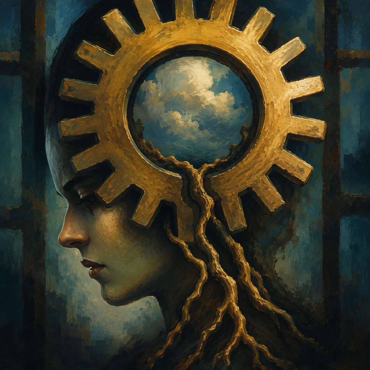 A blue globe turns inside a large gold gear above a bowed head.
