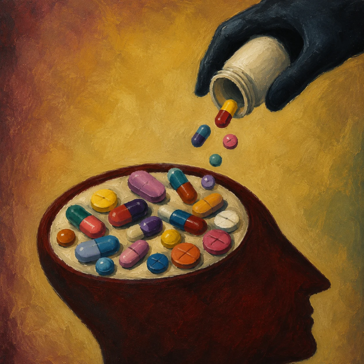 Bright capsules pour into an open, bowl-shaped head.