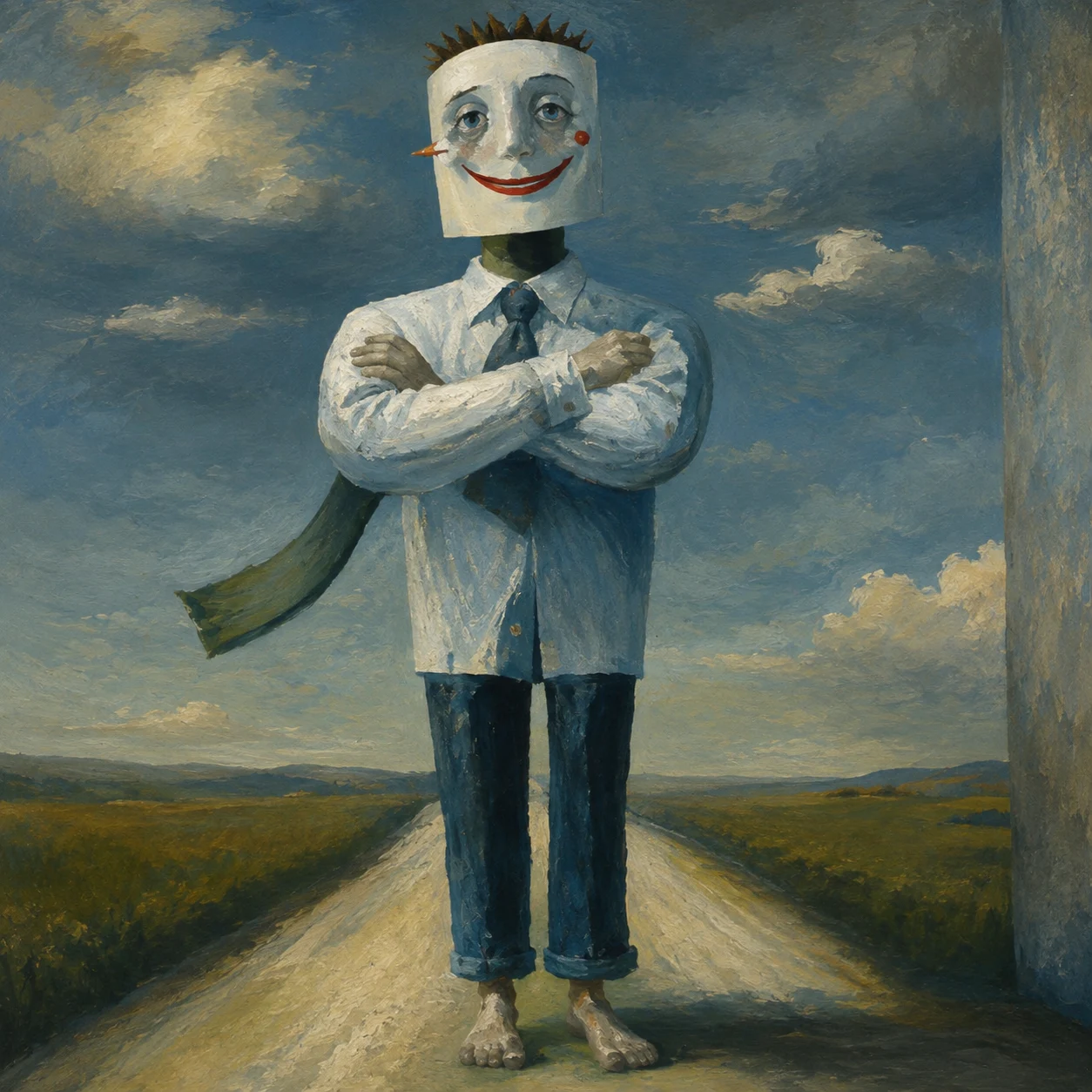 A small figure stands with folded arms beneath an oversized smiling face.
