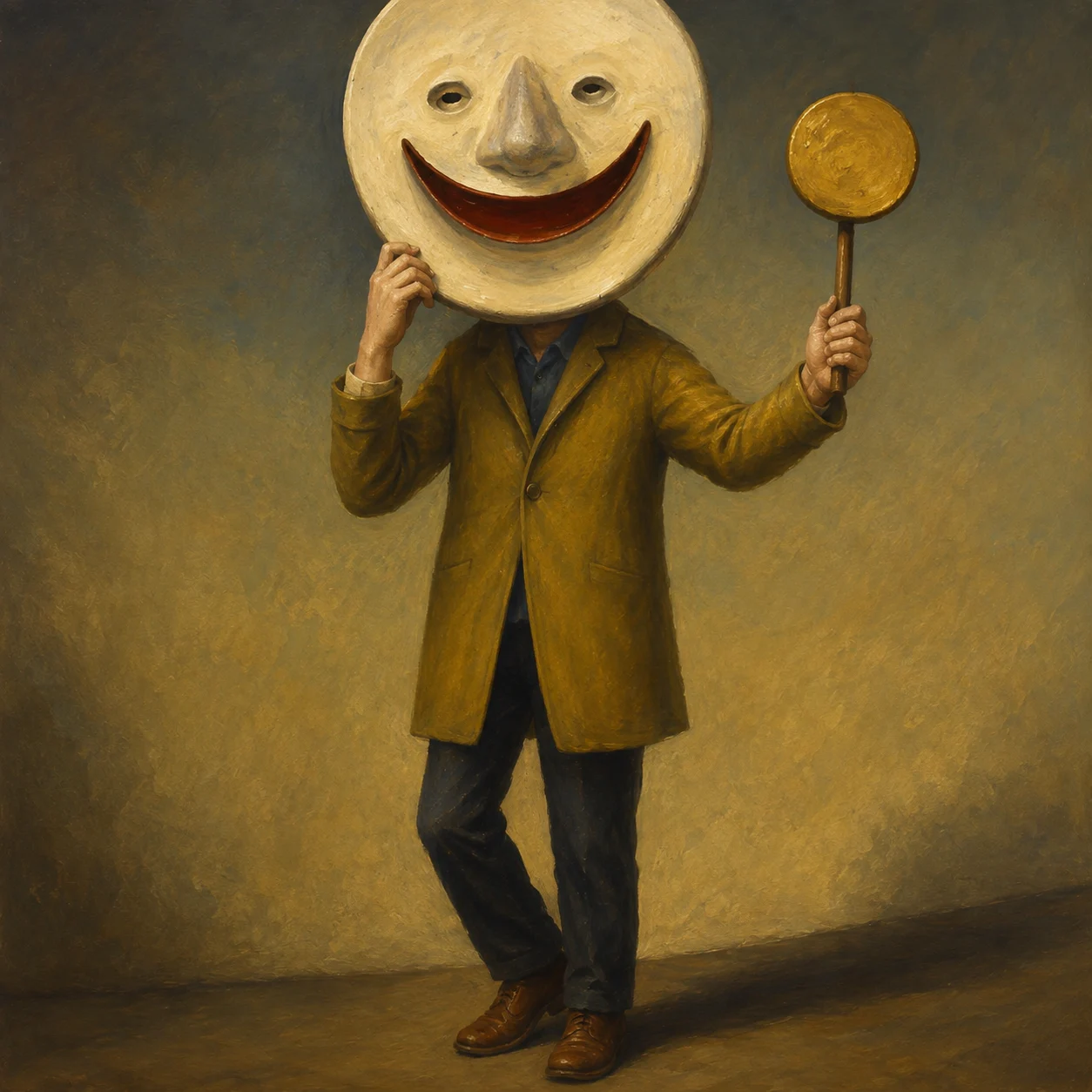 A suited figure holds a round smiling mask and a small mirror.