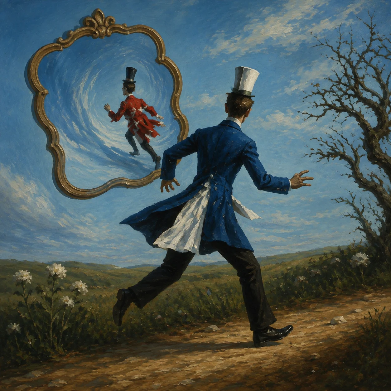 A blue-coated figure runs past an ornate mirror in an open landscape.