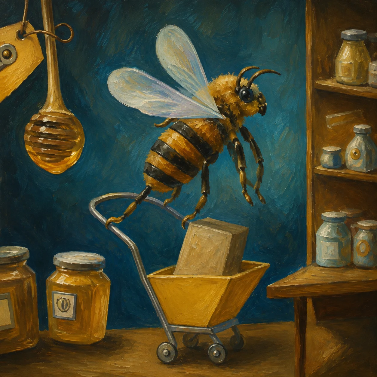 A bee carries a shopping basket through shelves of honey jars.