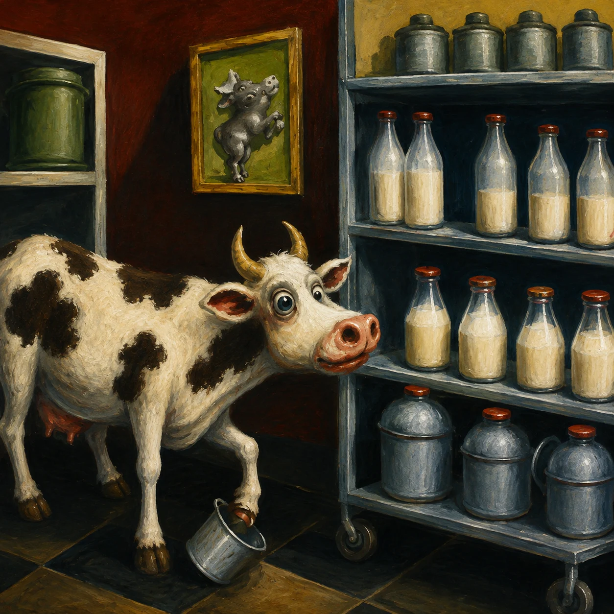 A cow stands in a shop beside shelves of milk bottles.