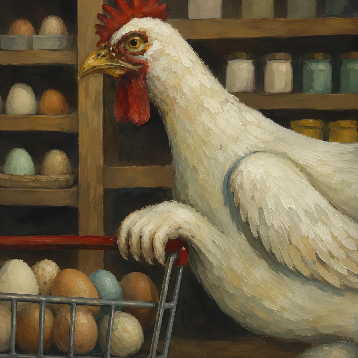 A white chicken peers over a basket of eggs in a grocery shop.