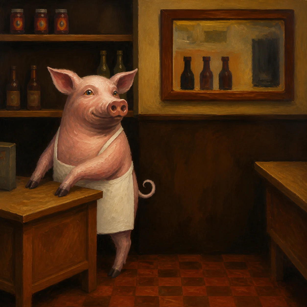 A small pink pig stands at a wooden shop counter.