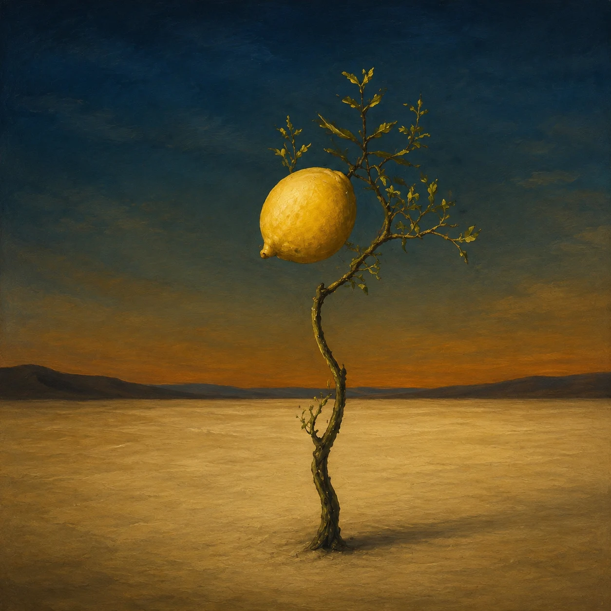 A thin tree carries a single oversized lemon above an empty plain.