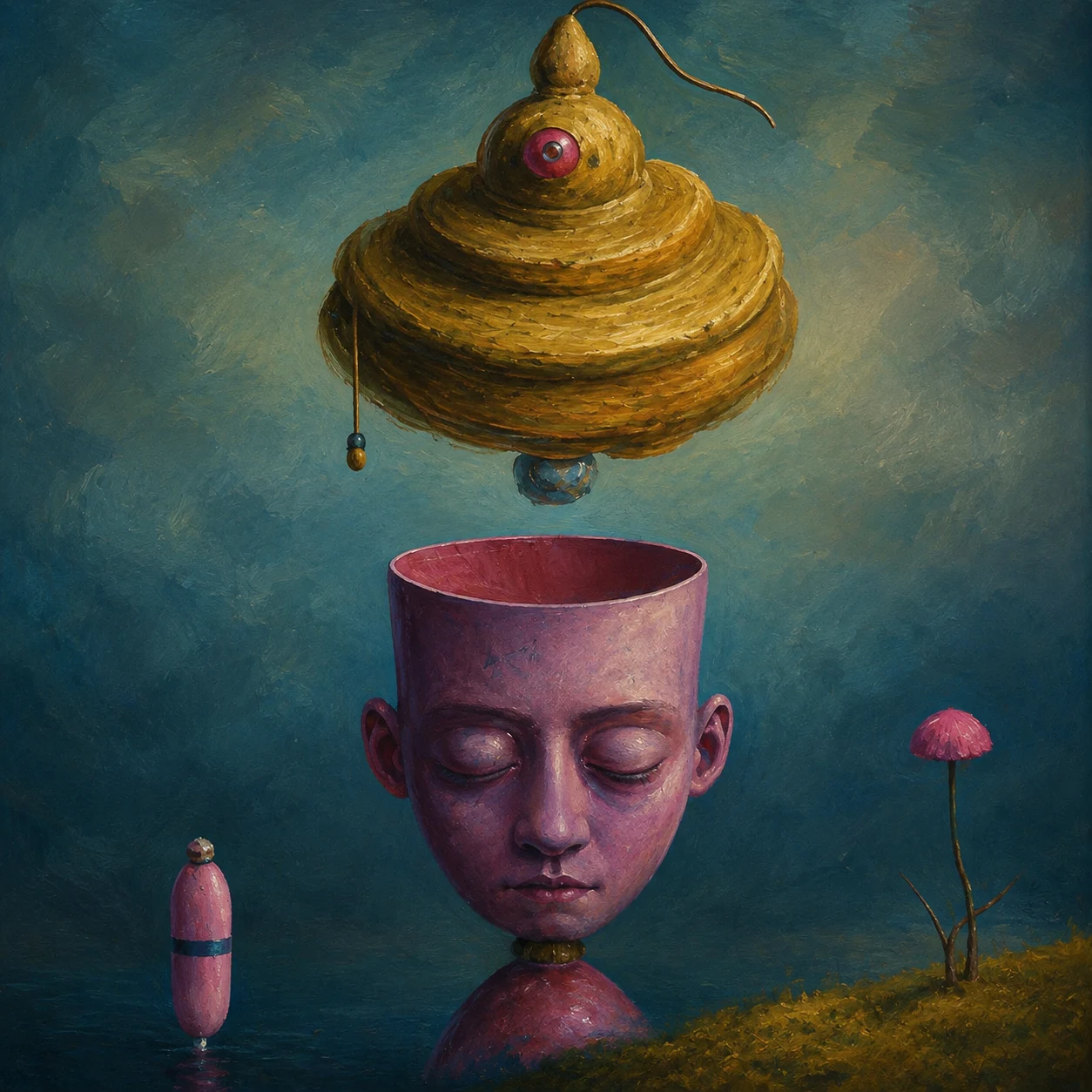 An open purple head floats beneath a hovering stack of rounded forms.