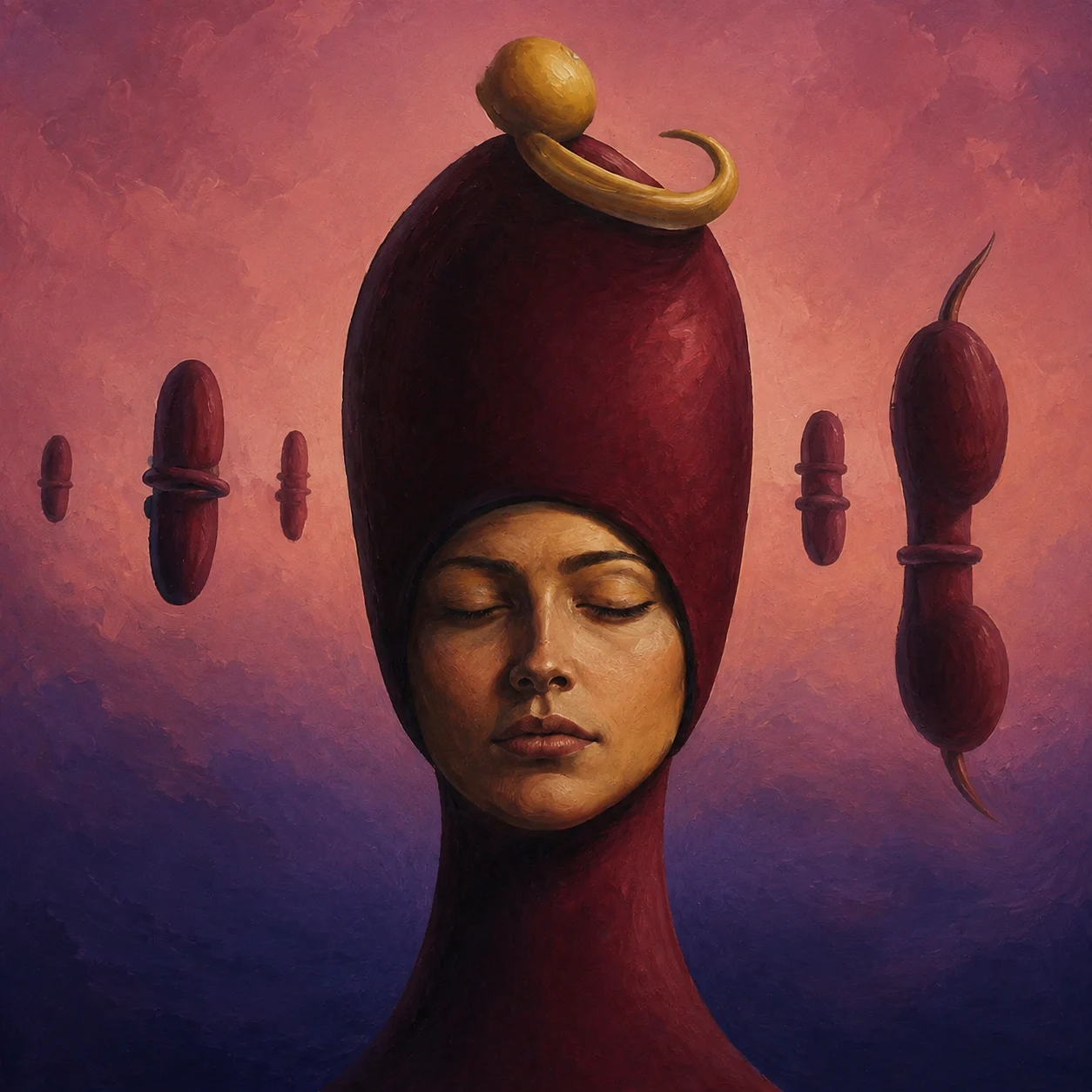 A serene face rises into a tall red headdress beneath a pink sky.