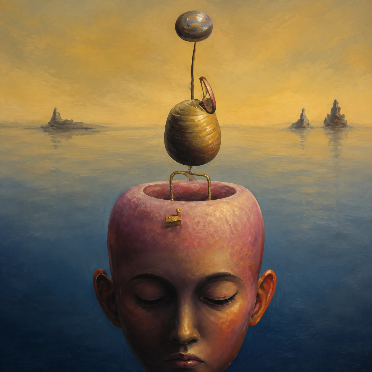 A round object balances above a pink head surrounded by blue water.