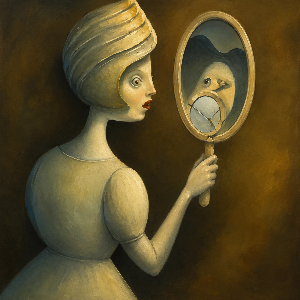 A woman studies an oval mirror with a smaller looking glass in her hand.