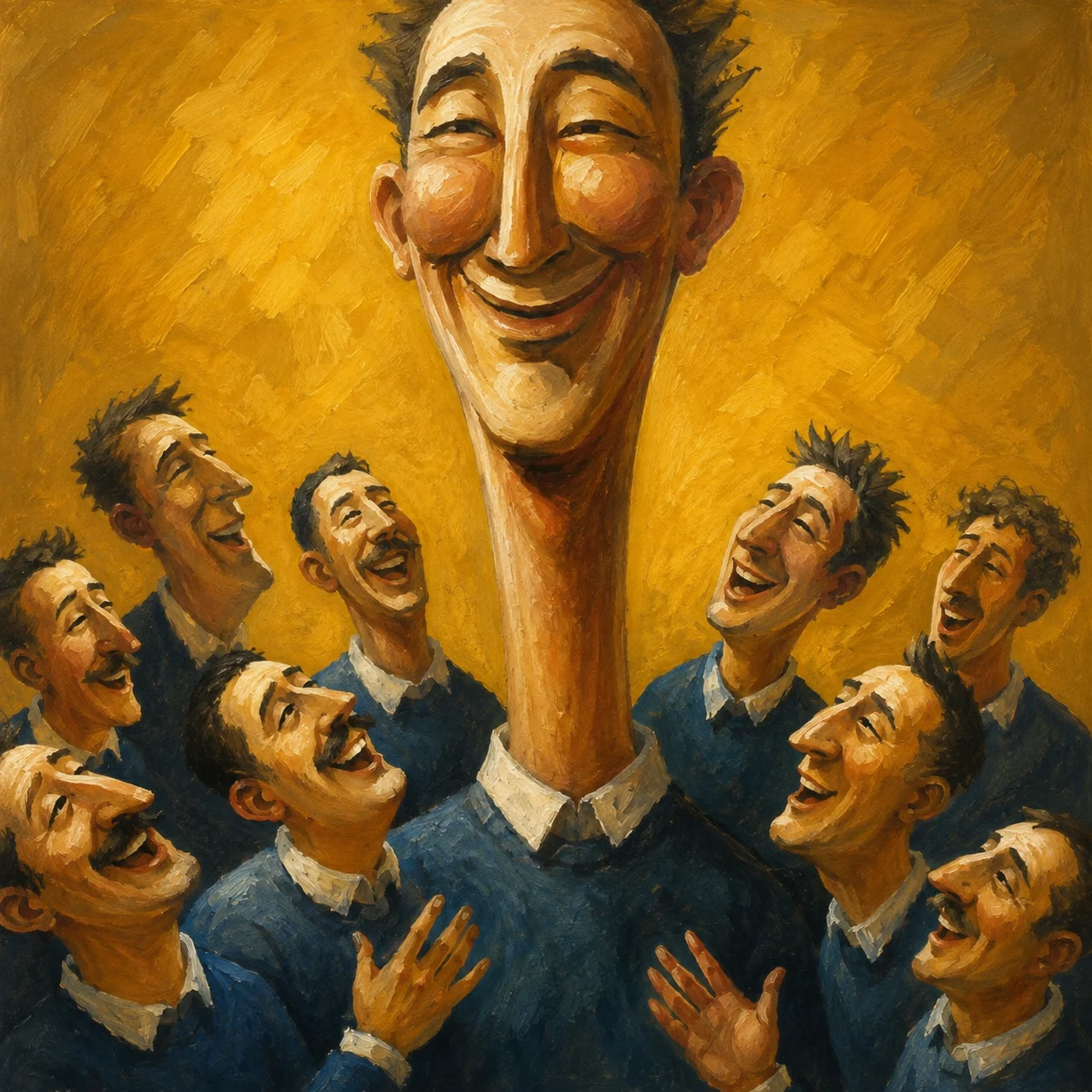 A crowd of laughing faces surrounds one large golden face.